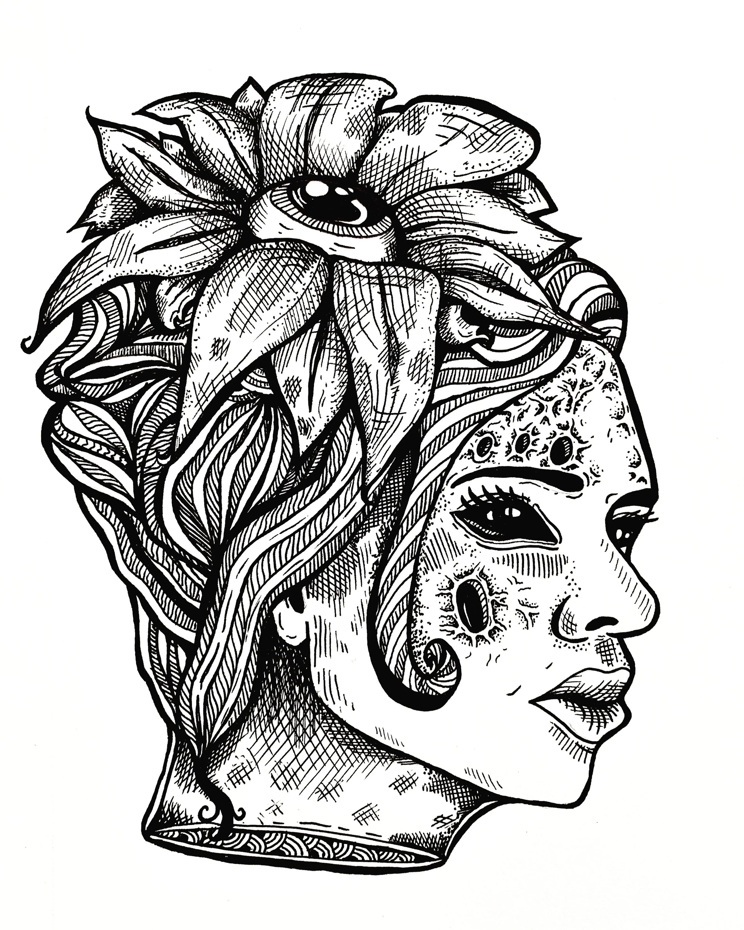 A black and white drawing of a woman’s face in profile with elaborate hair made of intricate patterns and leaves, combining realism and fantasy styles.