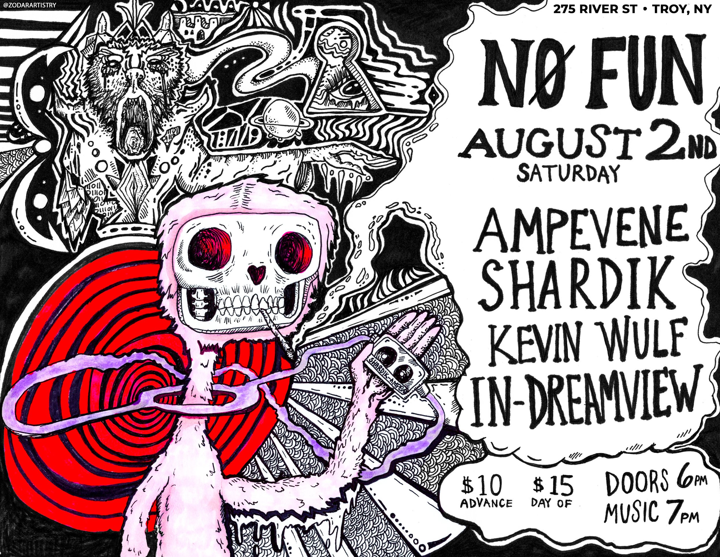 Black and white illustration of a lion with a human skull, a spiral pattern, an all-seeing eye within a triangle, planets, and a cassette tape. The artwork surrounds event details for a concert, including date, location, and ticket prices.