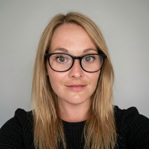 Portrait of a woman with blonde hair, wearing black-rimmed glasses and a black top, looking at the camera against a plain light gray background.