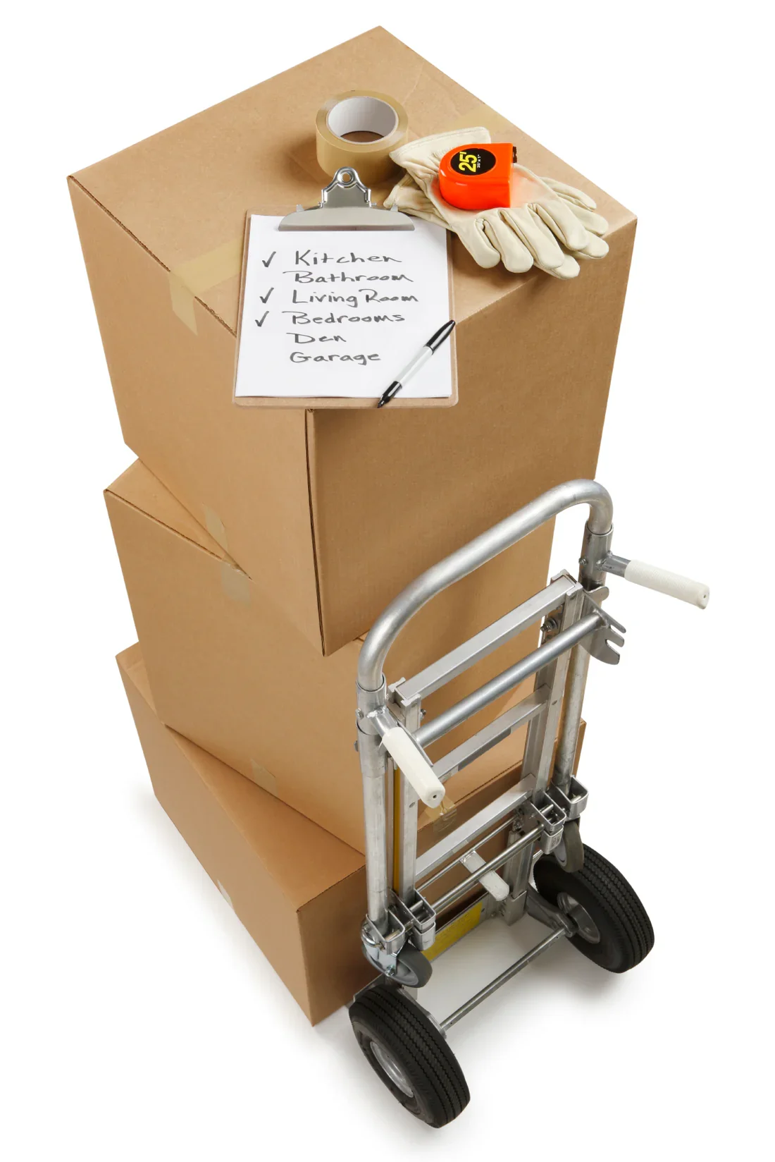 Large cardboard boxes stacked on a dolly with a clipboard on top. The clipboard has a checklist with rooms written on it, including Kitchen, Bathroom, Living Room, Bedrooms, Den, and Garage. Items on top of the boxes include packing tape, gloves, a tape measure, and a marker.