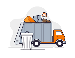 A garbage truck collecting waste with trash and recycling bins nearby.