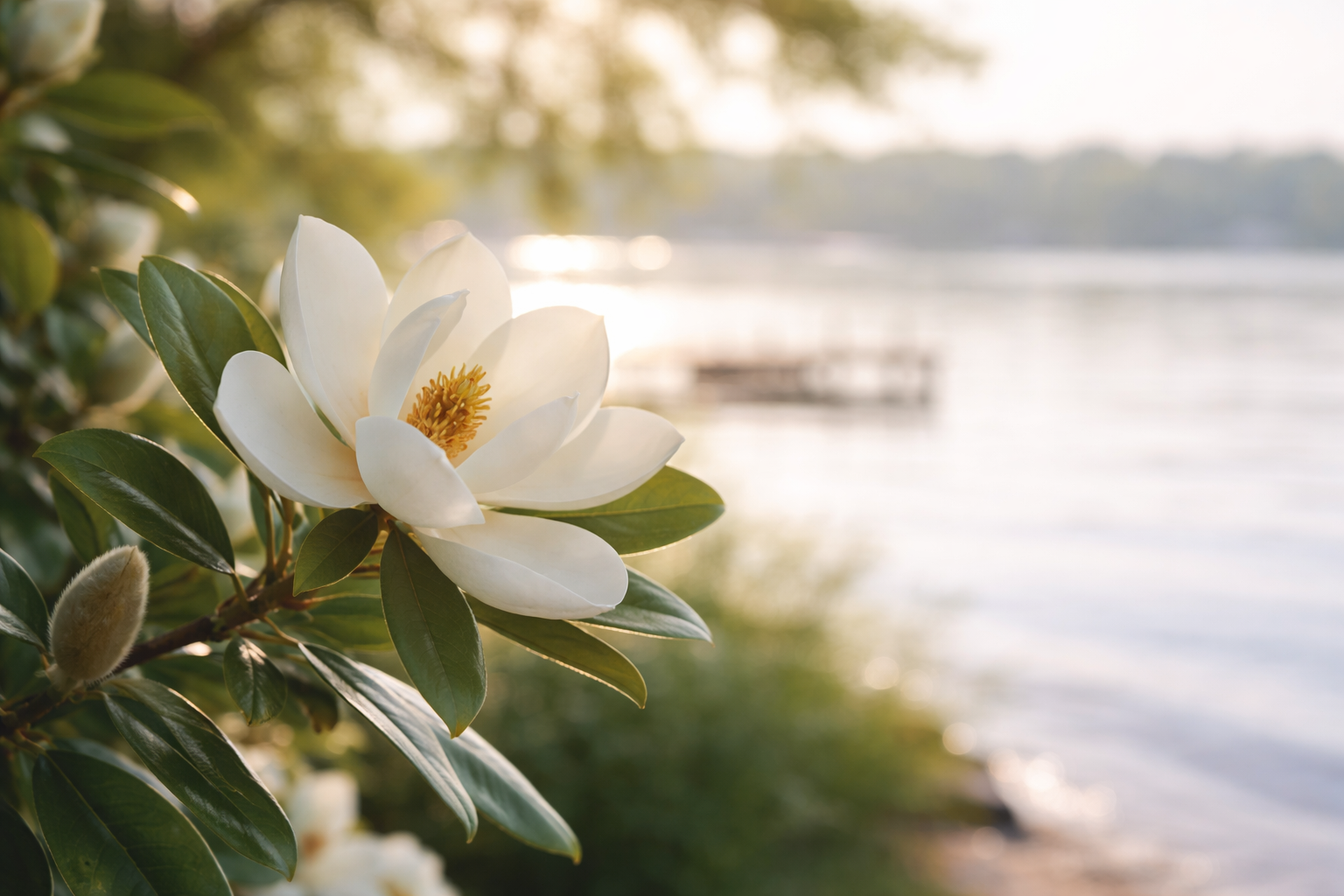 Close-up of a white magnolia flower with green leaves near a body of water during golden hour.