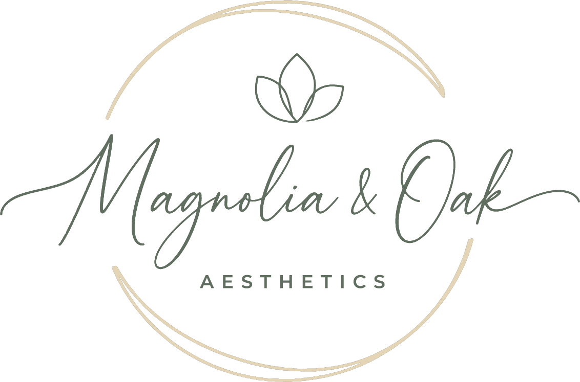 Logo for Magnolia & Oak Aesthetics featuring a stylized lotus flower, with the brand name in elegant cursive font and a thin circular line.