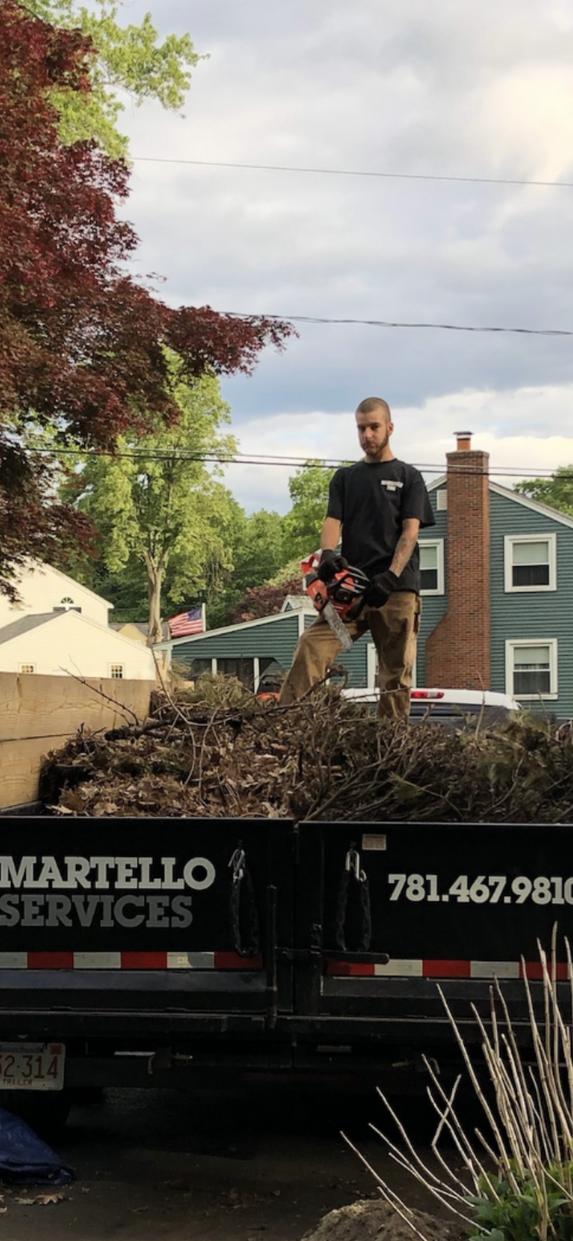 A man with a beard and tattoos on his arm operating a chainsaw while standing on a truck full of yard debris. The truck has a company name and phone number on the side. There are trees and houses in the background under a partly cloudy sky.