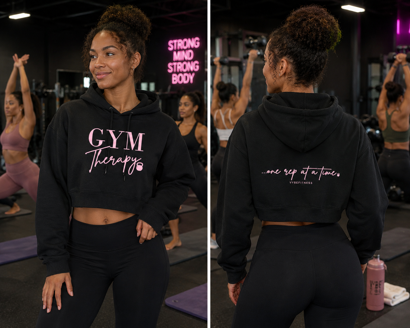 A woman in a black cropped hoodie with 'GYM Therapy' written on the front, standing in a gym. The back of her hoodie reads 'one rep at a time.' She is surrounded by other women exercising, with a neon sign in the background that says 'STRONG MIND STRONG BODY.'