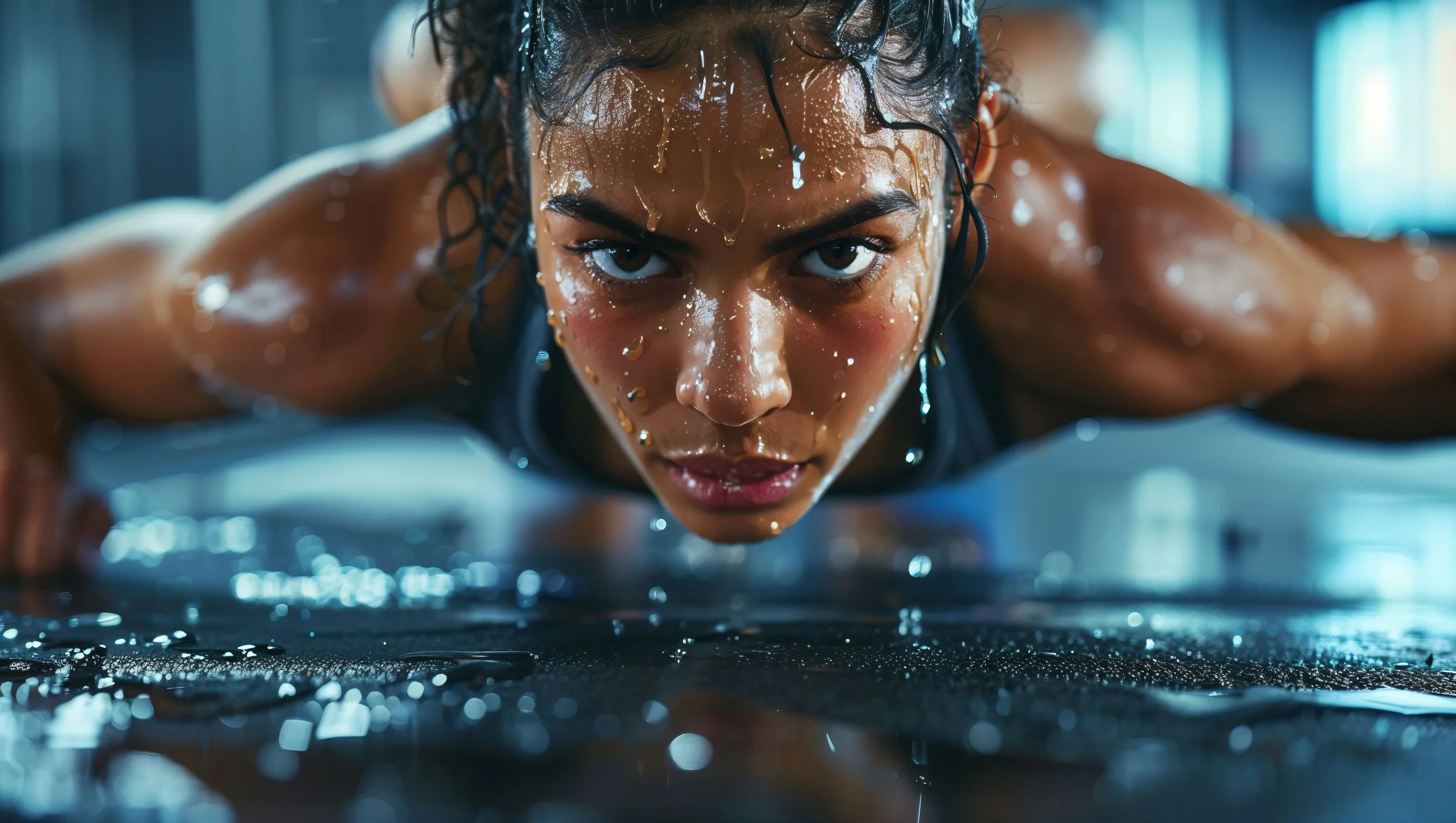 Close-up shot of a woman with wet hair and water droplets on her face, in a push-up position, preparing to do a workout.