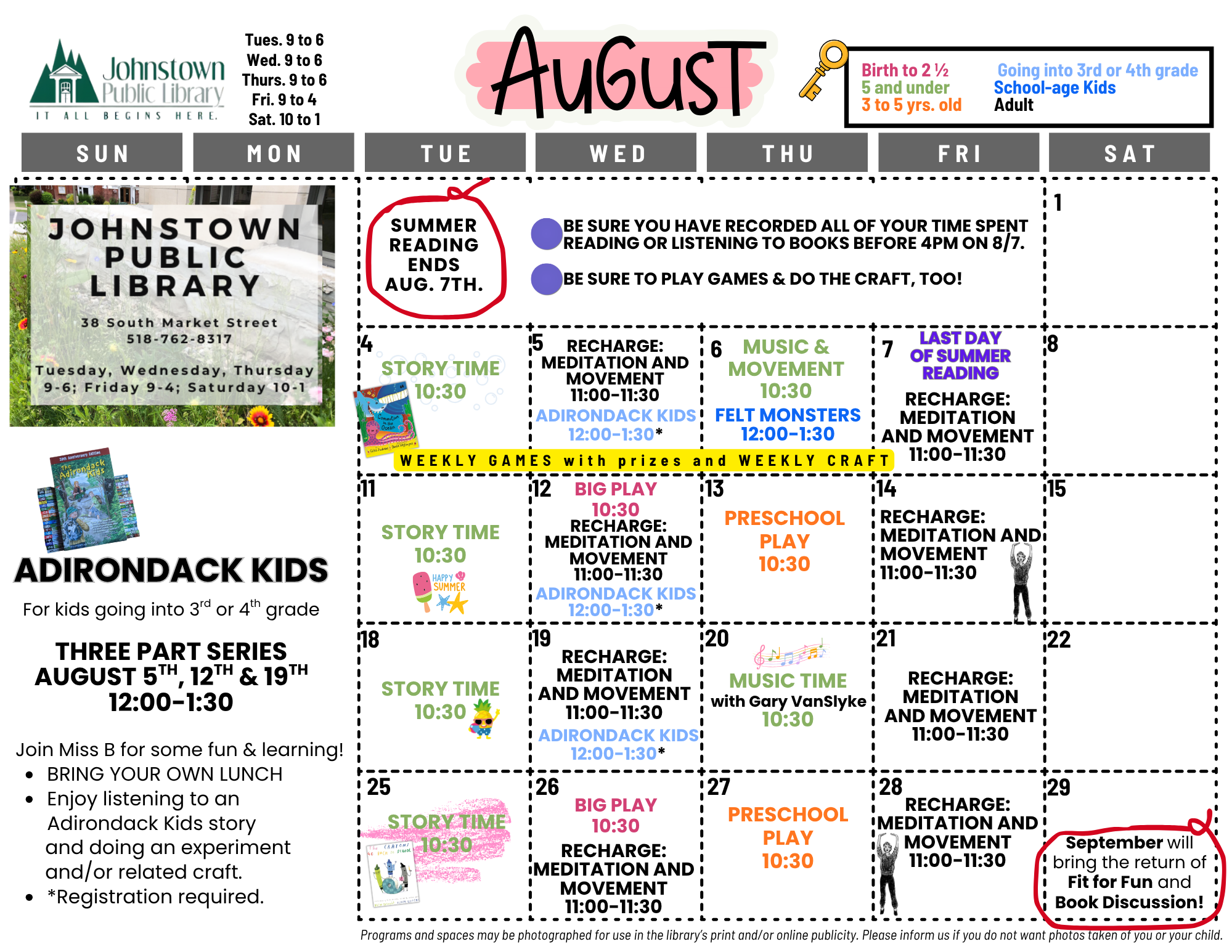 August calendar page from Johnstown Public Library, featuring summer reading program activities, weekly games, story times, and special events like felt monsters, and preschool play.
