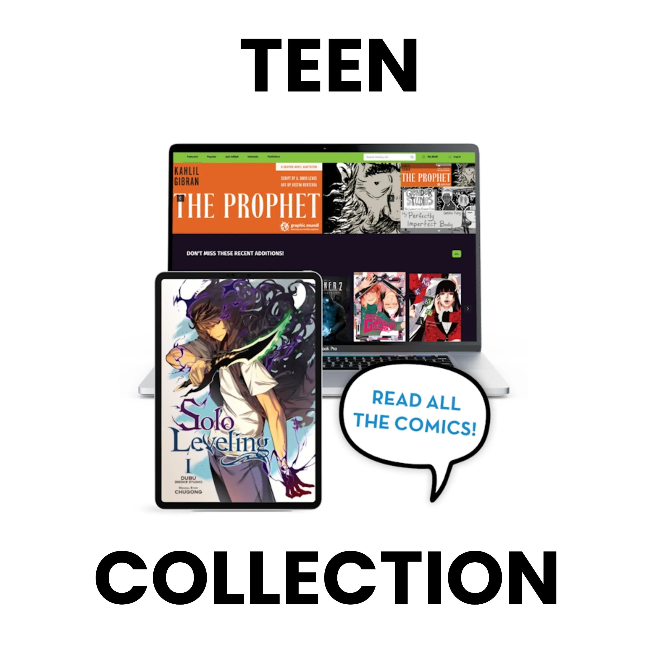 Multiple electronic devices displaying comic books and graphic novels, with a speech bubble saying, "READ ALL THE COMICS!"