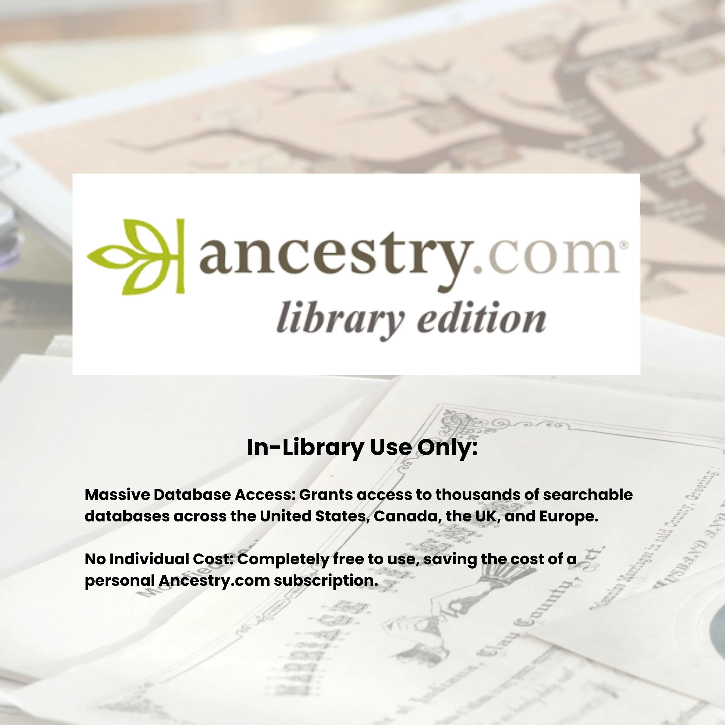 ancestry library logo with additional text about database access.