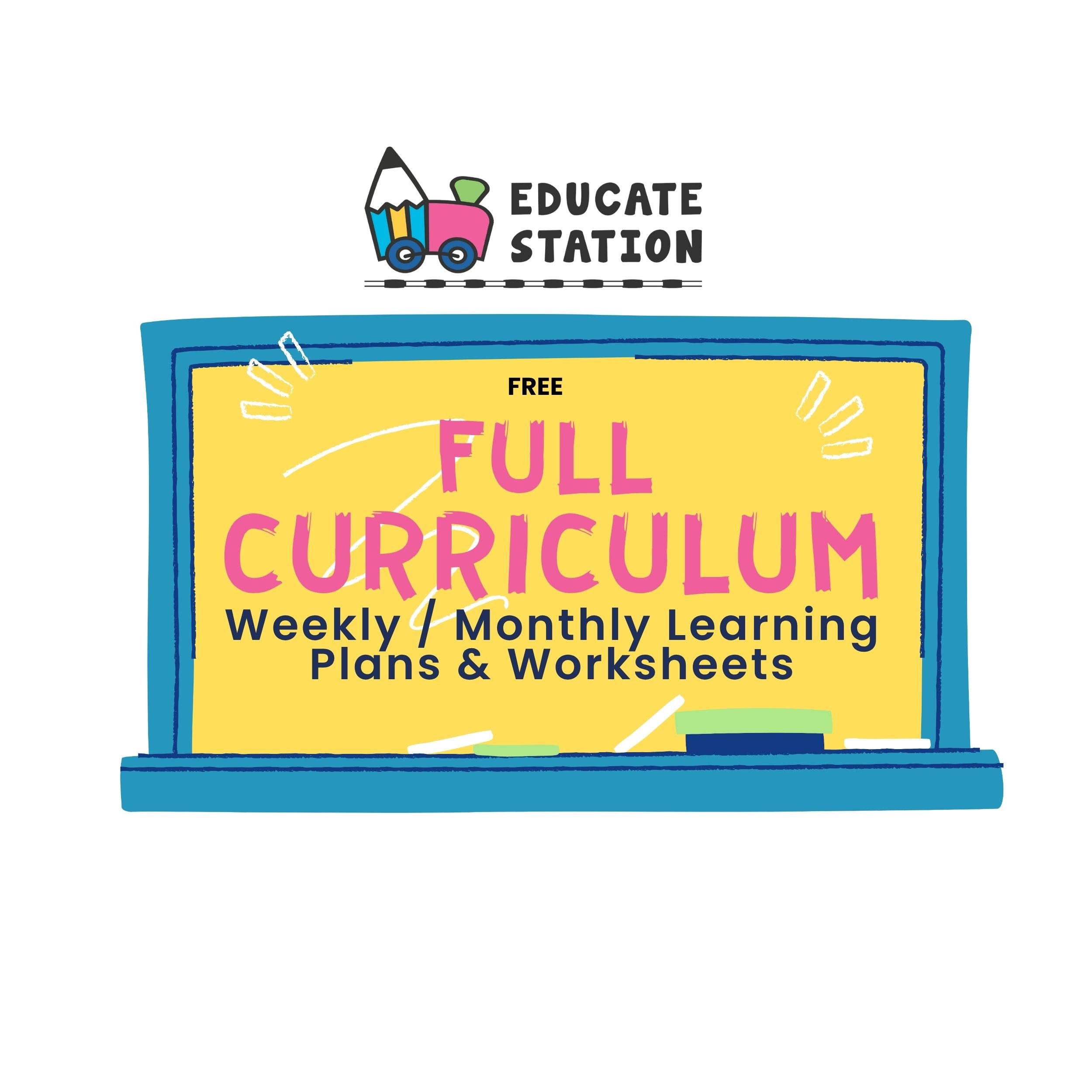 Colorful poster promoting educate station with text details about free worksheets 