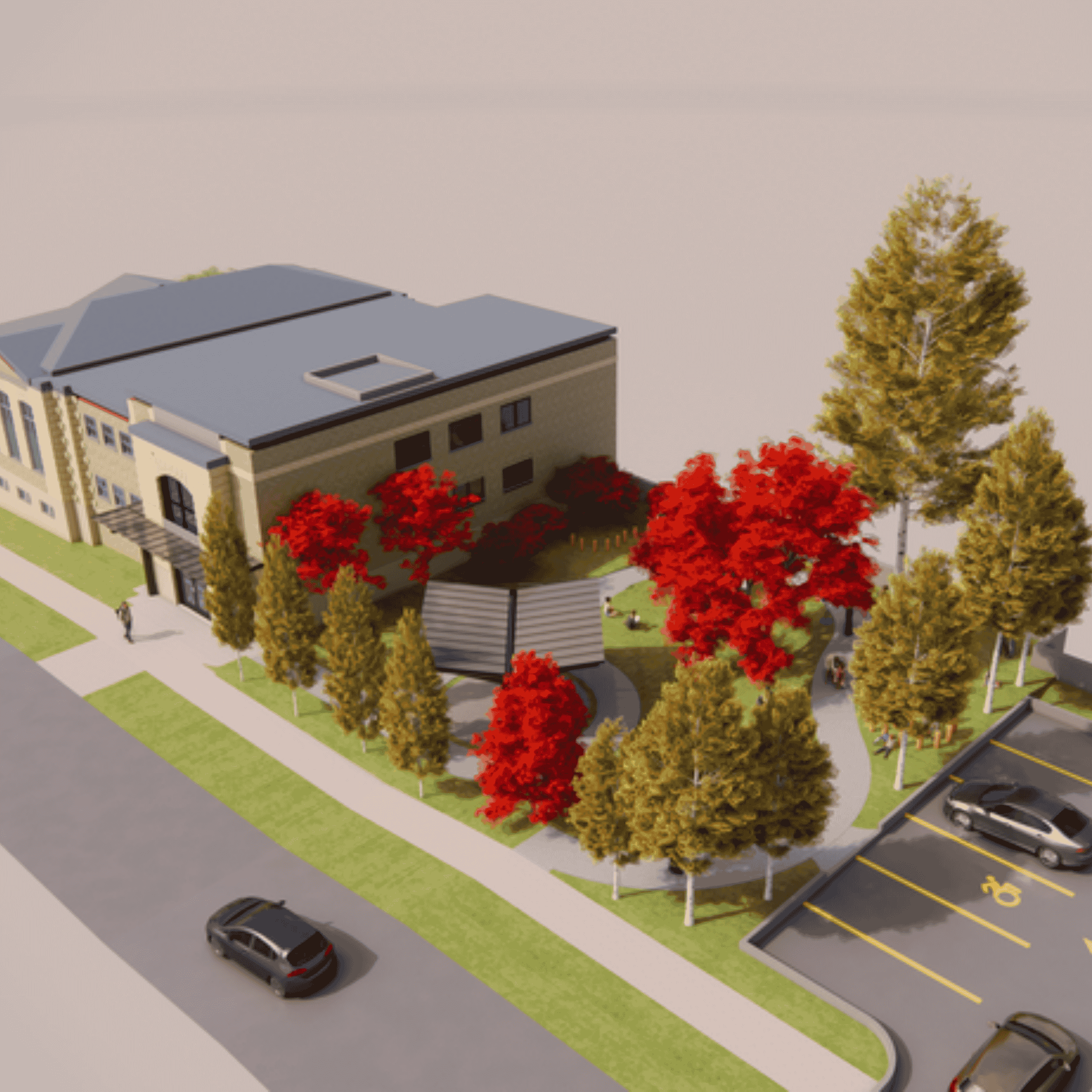 A detailed architectural model of a residential building surrounded by trees with red, yellow, and green foliage, a paved parking lot with parking spaces, a pedestrian sidewalk, and a road with cars.