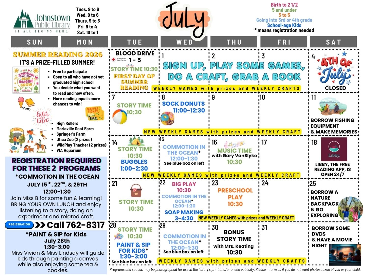 July calendar page from Johnstown Public Library, featuring summer reading program activities, weekly games, story times, and special events like blood drive, sock donuts, and preschool play.