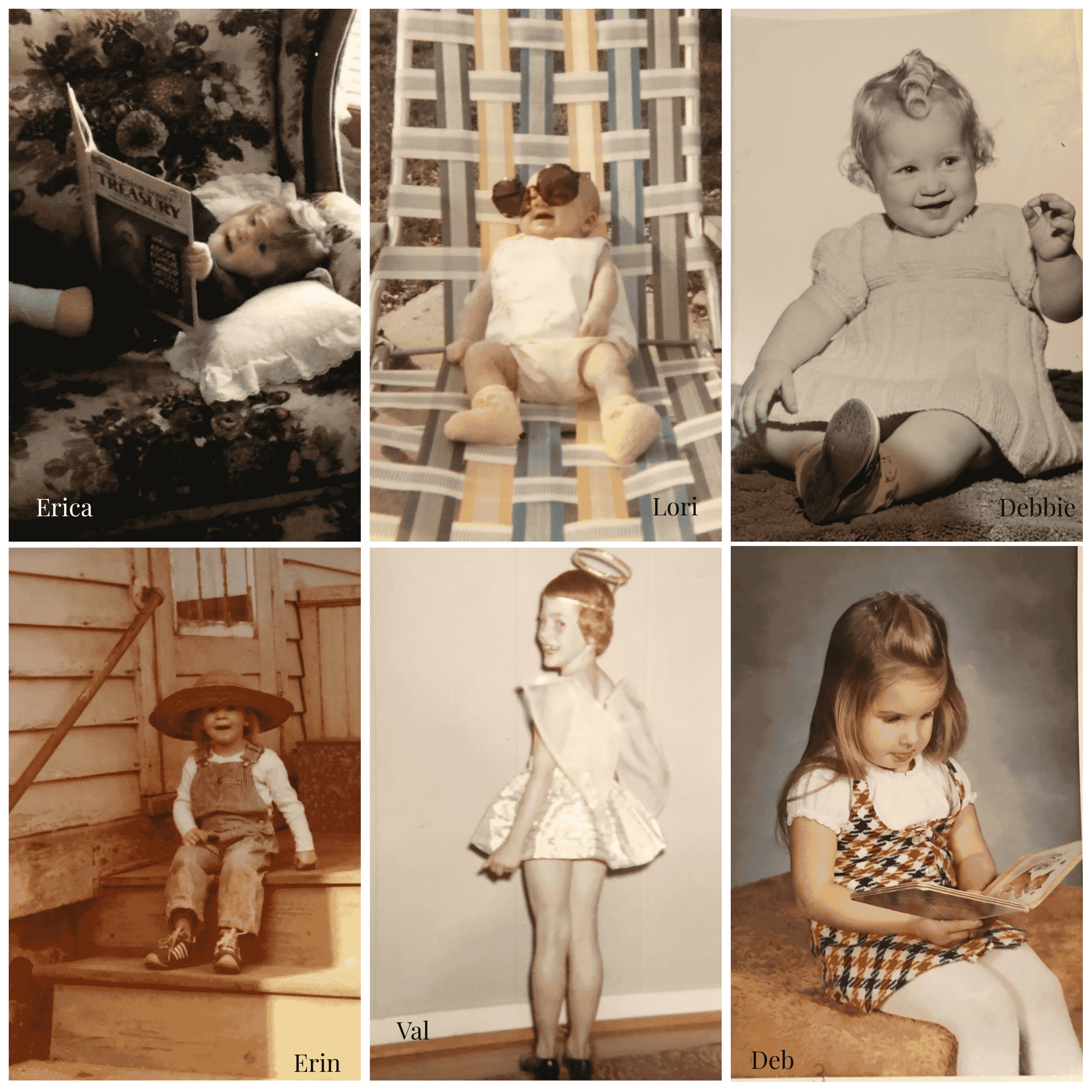 A collage of six photographs showing children in different settings. Erica is lying on a floral-patterned rug, holding a book. Lori is sitting outside on a striped deck chair, wearing sunglasses and a light dress. Debbie is sitting indoors, smiling and wearing a patterned dress, reading a book. Val's photograph shows only her legs and feet in black shoes. Erin is standing on a staircase wearing overalls and a sun hat. Debbie's face is in the upper right corner, a close-up of her face with curly hair, smiling.