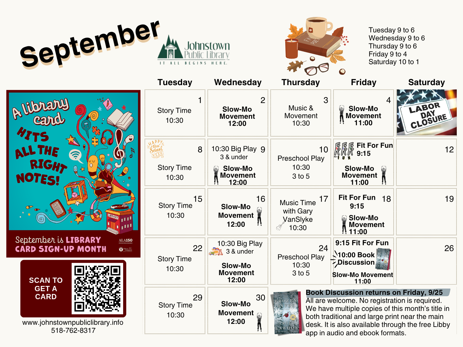 Johnstown Public Library September calendar with weekly events including story time, movement activities, preschool play, book discussion, and noting Labor Day closure; colorful library-themed poster on left side.
