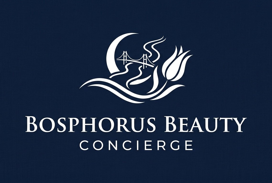 Logo for Bosphorus Beauty Concierge featuring a stylized crescent moon, bridge, flowing water, and a tulip on a dark blue background.