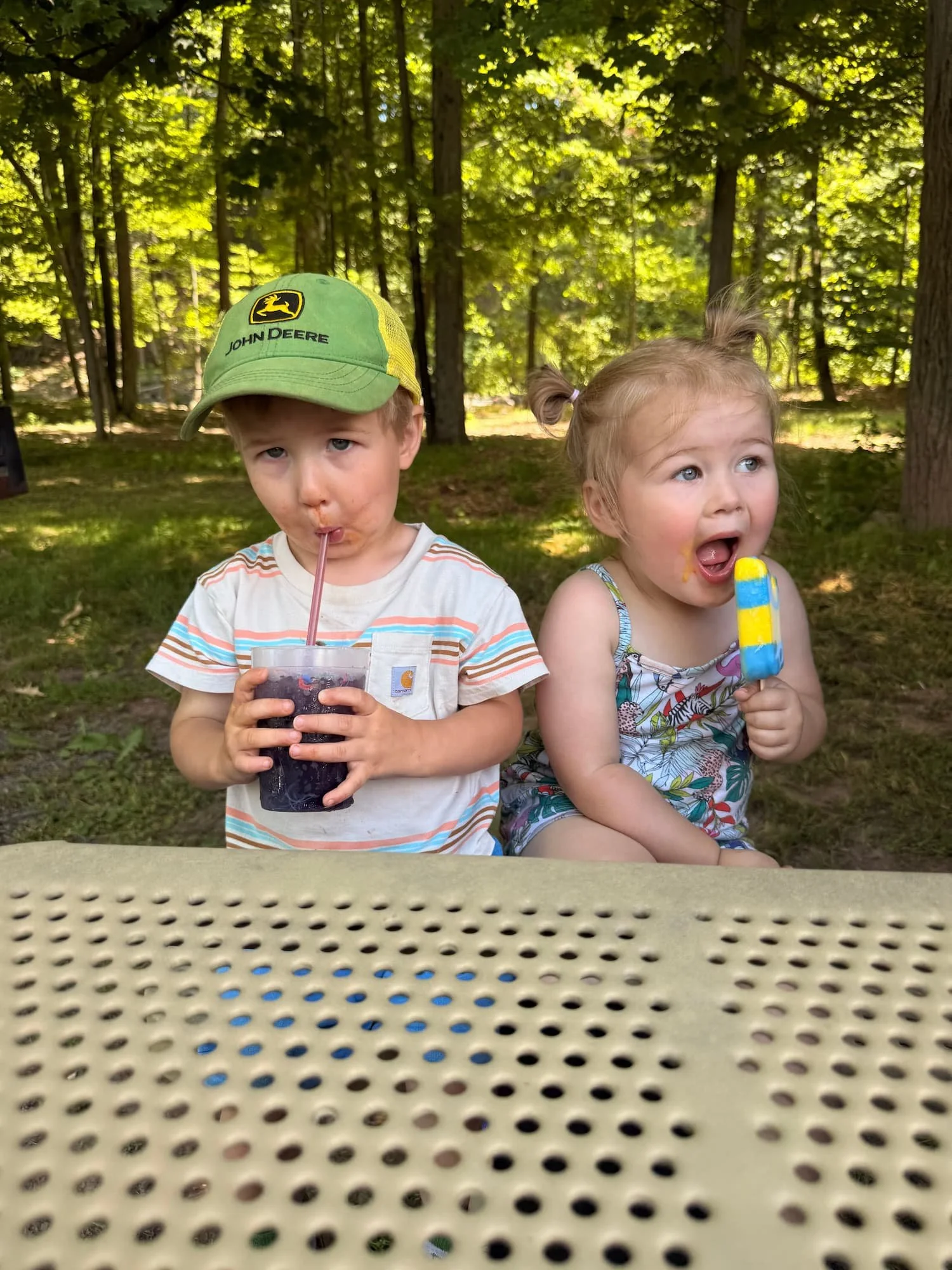 Two young children sitting at a picnic table outdoors, with a man in the background. The boy on the left is drinking from a cup with a straw, wearing a green John Deere cap and striped shirt. The girl on the right has her hair in pigtails, wearing a 