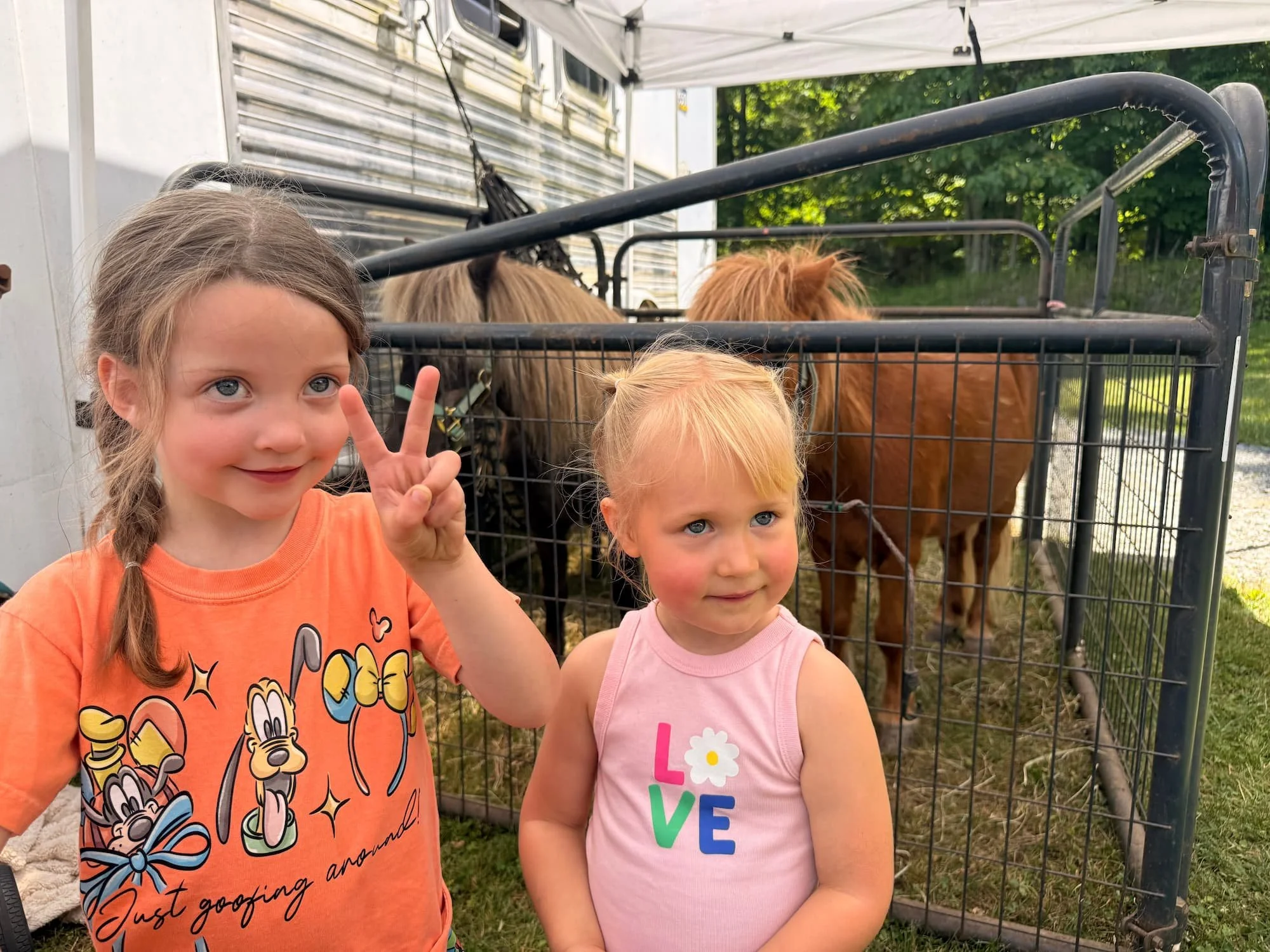 Two young girls standing in front of a metal pet enclosure with small ponies inside. The girl on the left is wearing an orange shirt with cartoon characters and making a victory sign with her fingers, while the girl on the right is wearing a pink shi