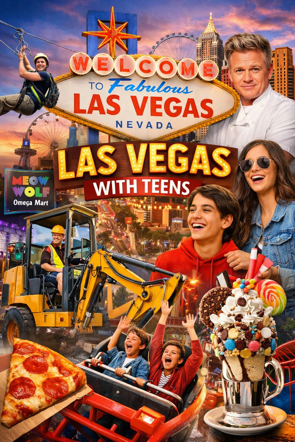 Las Vegas with teens collage featuring attractions, food, and family activities.