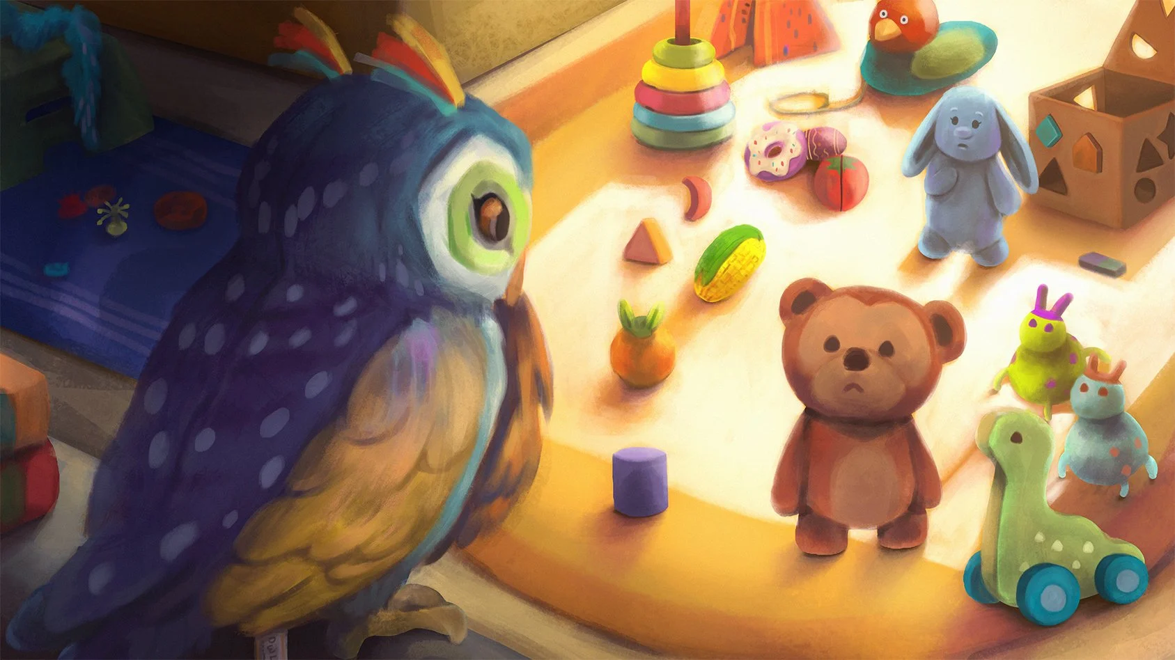 A sample audition spread for The Bear, a Filipino picture book about the adventures of a beloved stuffed bear toy.This sample features the protagonist bear with other toys consulting a colorful owl plushie, who is perched atop a cabinet drawer.