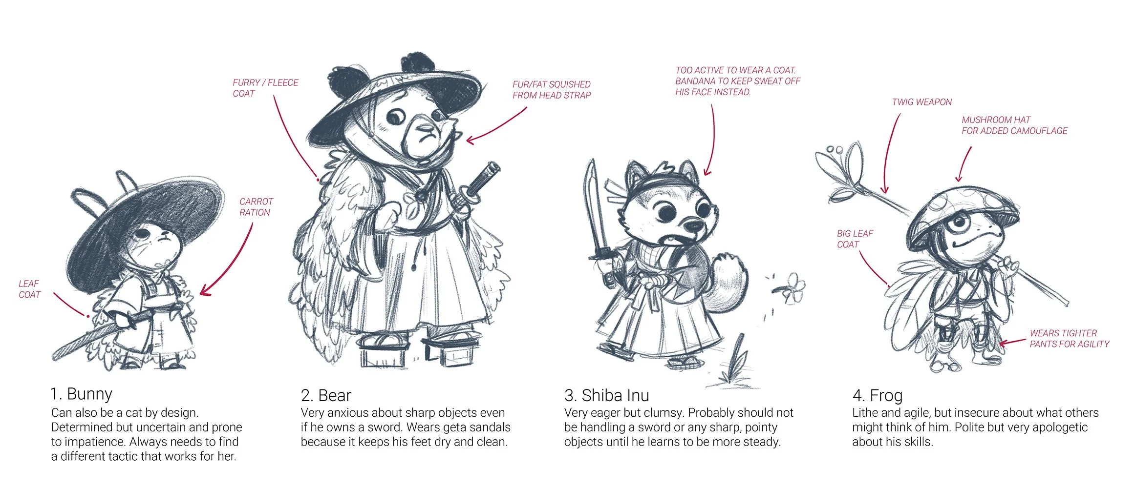Four young animal warriors—a bunny, bear, Shiba Inu, and frog—shown as student fighters still learning and training to become skilled warriors.