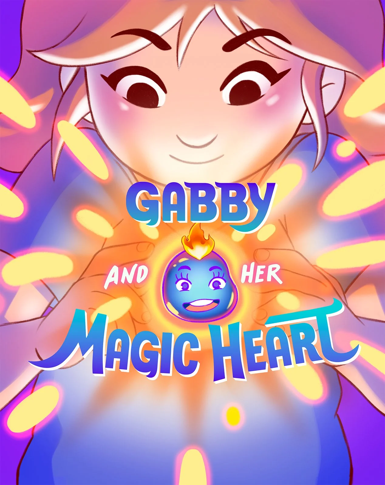 Girl holding a bright, sparkling blue magical heart with fiery hair and expressive eyes