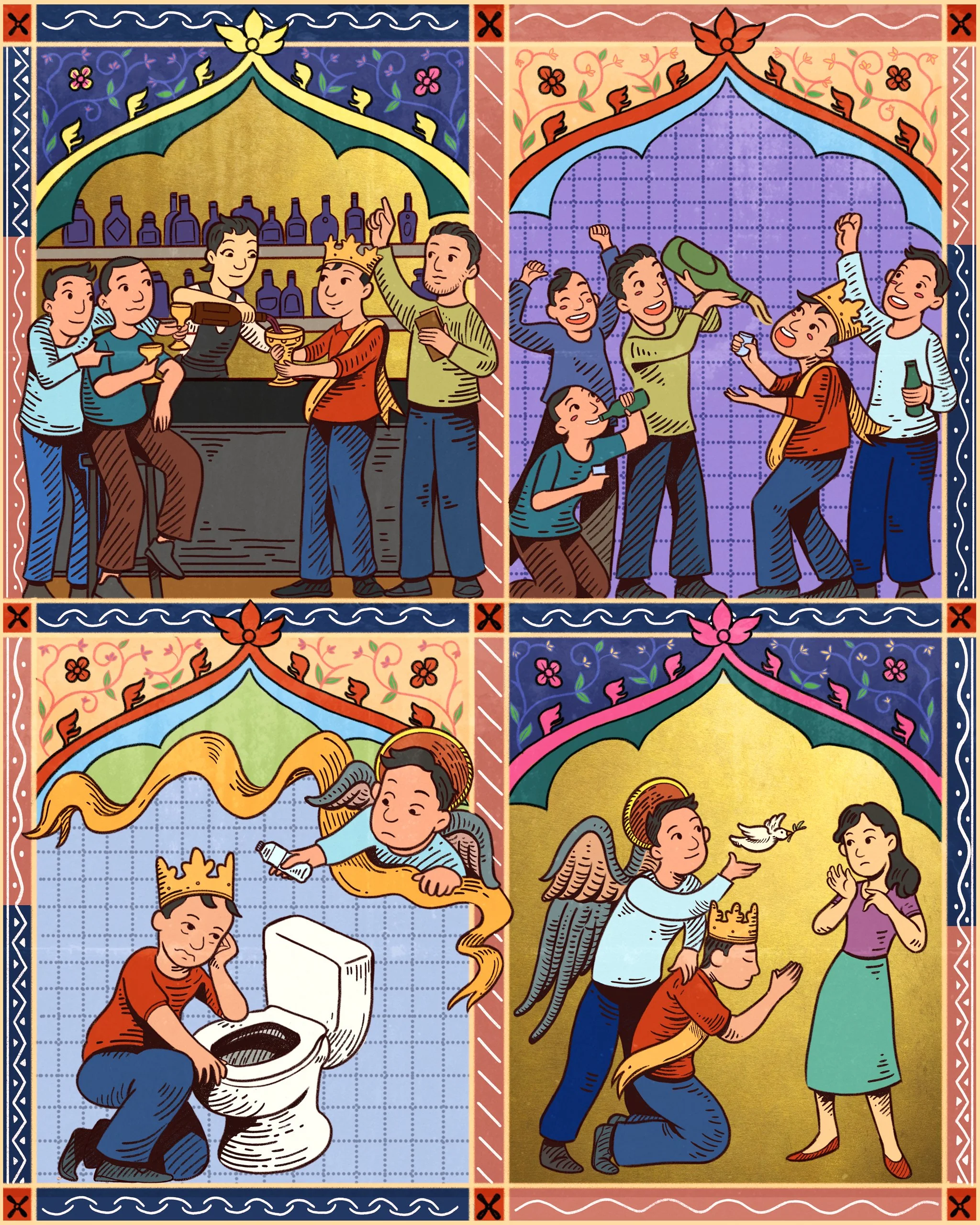 Editorial illustration of a group of Filipino men partying and drinking at a nightclub, depicted in the style of a medieval illuminated manuscript with ornate decorative details.