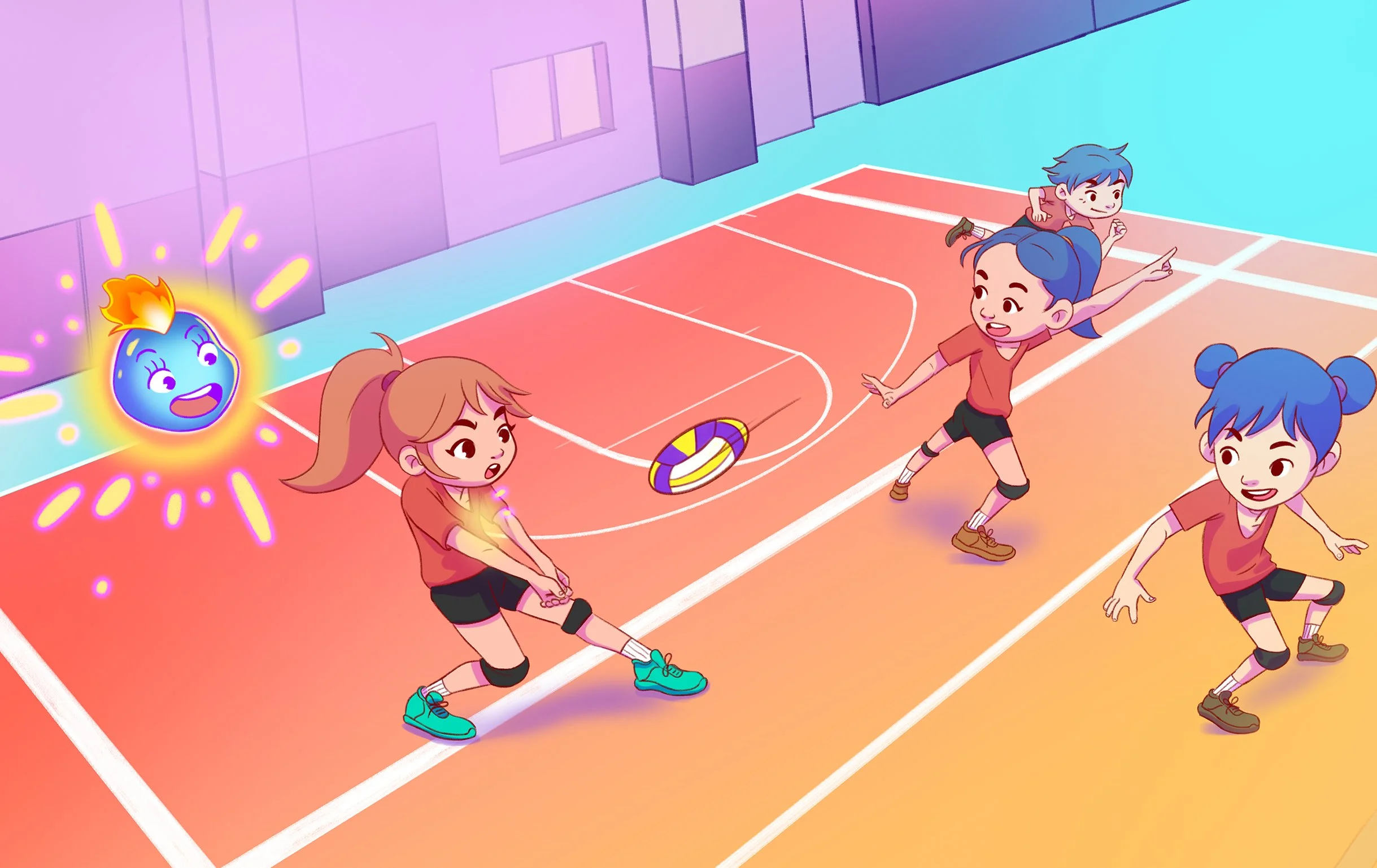 Young girl practicing volleyball while her magical heart encourages her from above.