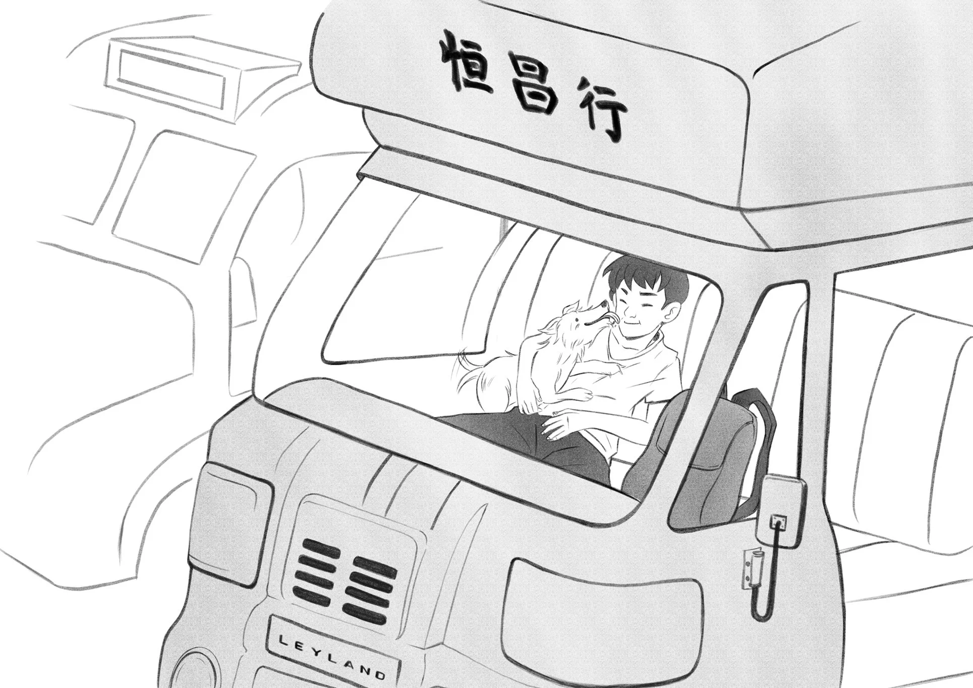 Boy and his dog sitting together inside a Hong Kong bus.