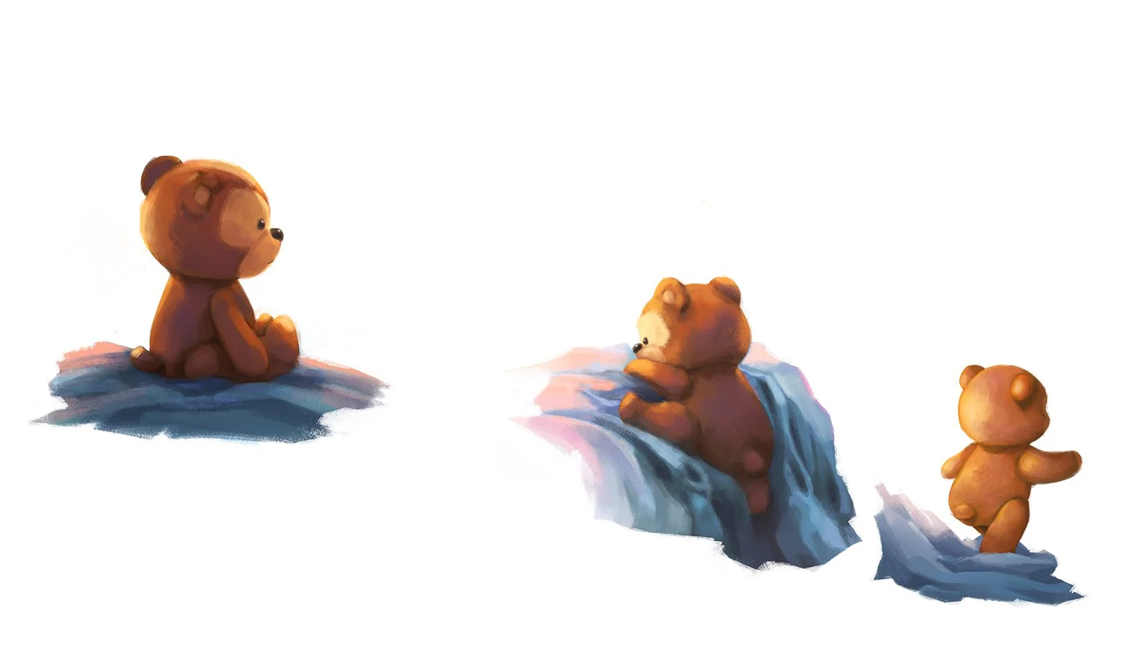 A spread from The Bear, a Filipino picture book about the adventures of a beloved stuffed bear toy. The work is rendered in a digital acrylic-inspired art style.

In this spread, the bear sits alone on the empty bed while his boy is away, and slowly 