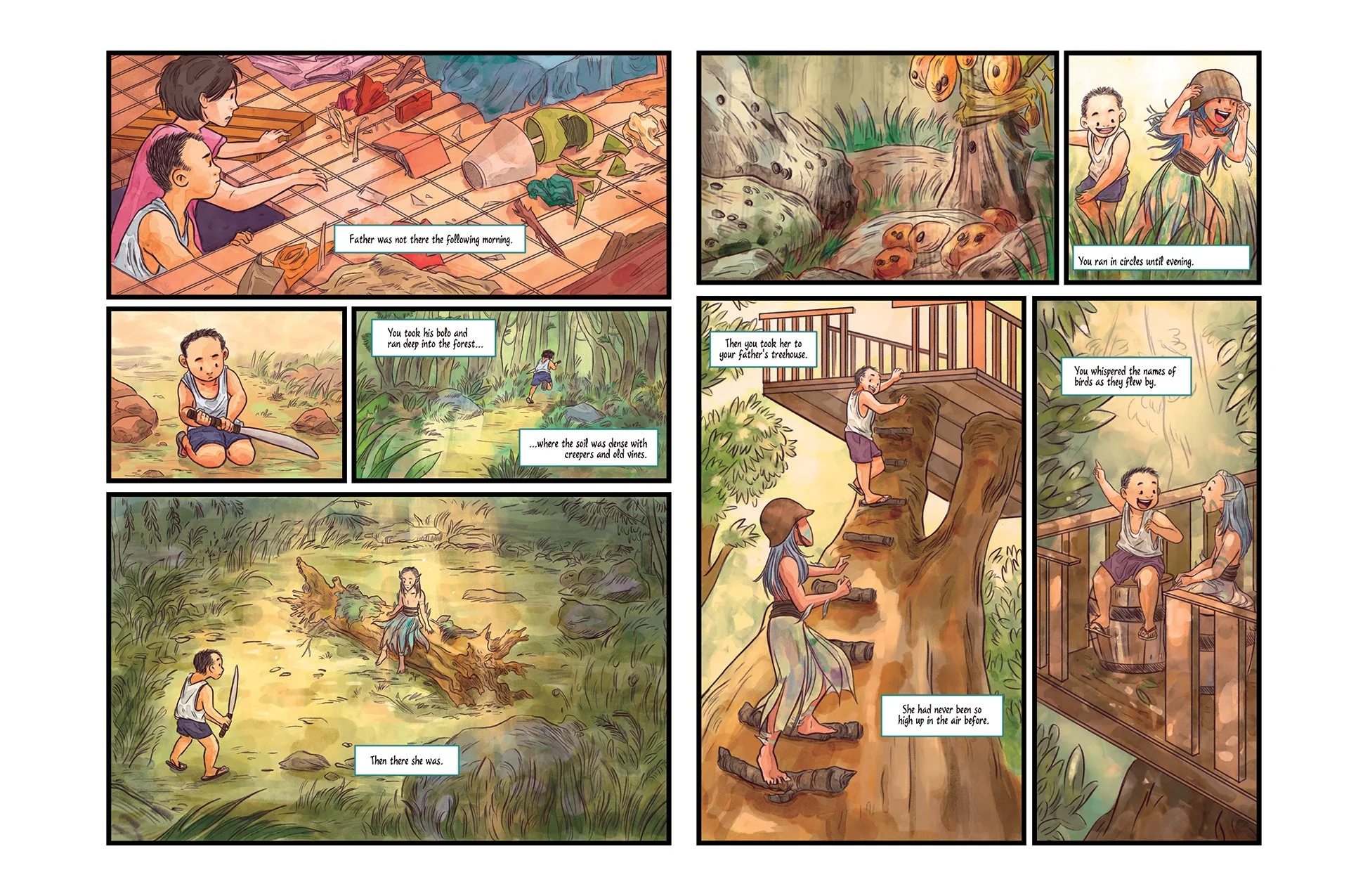 Young boy carrying his father’s bolo through a forest, where he encounters a lone diwata, a Philippine nature spirit, in Doorkeeper.