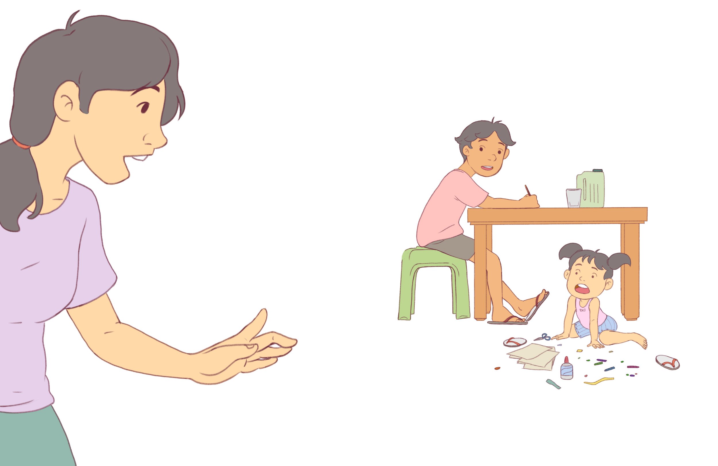 Mother giving instructions to her children as they work on activities at a table, surrounded by art materials and supplies.