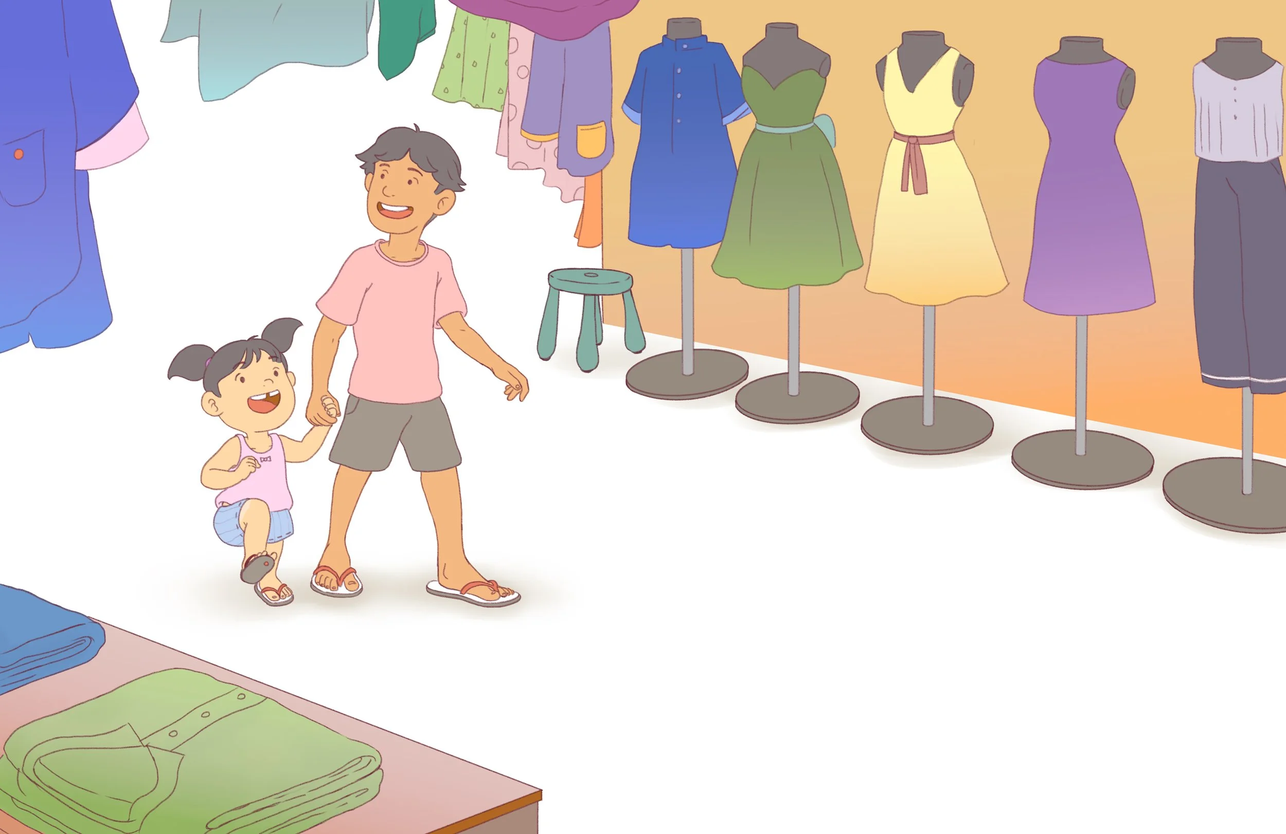 Boy and girl admiring a tailor shop, illustrated with simple linework and soft pastel colors.