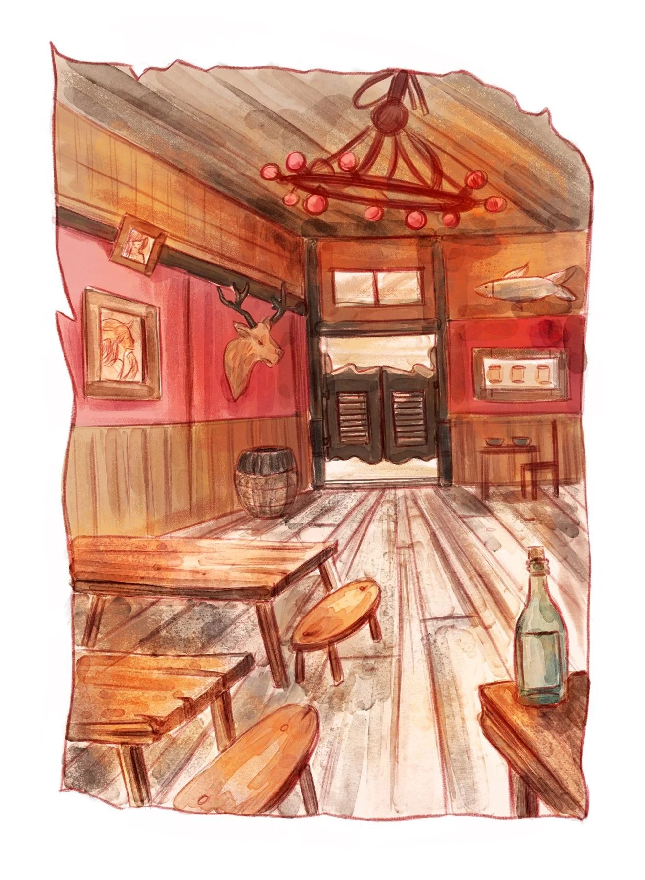 Illustration of a Western saloon with a warm, inviting atmosphere, from an original story world.