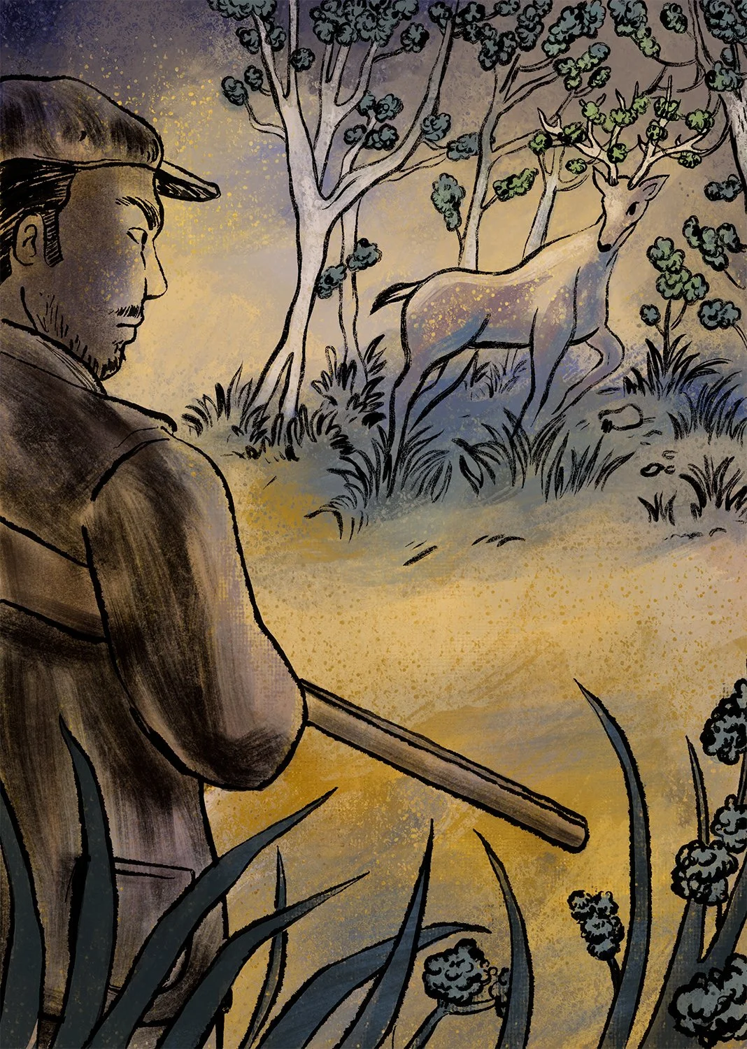 Narrative illustration of a stag caught by his antlers in a shrub as a hunter slowly approaches, depicting a tense moment from Aesop’s fable The Stag and the Hunter. Created with ink and digital illustration, exploring character, storytelling, and th