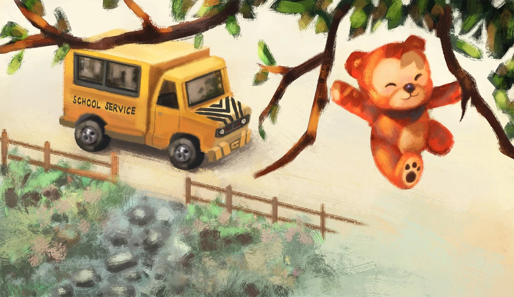 A spread from The Bear, a Filipino picture book about the adventures of a beloved stuffed bear toy. The work is rendered in a digital acrylic-inspired art style.

In this spread, the bear is happily swinging from the trees without realizing that the 