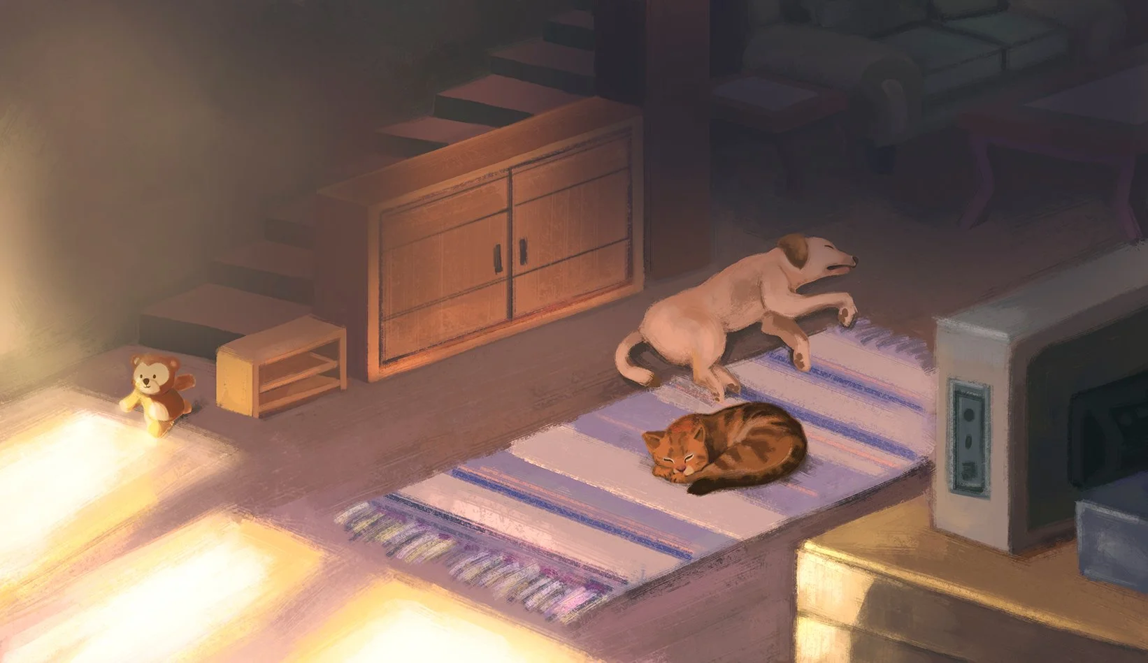 A spread from The Bear, a Filipino picture book about the adventures of a beloved stuffed bear toy. The work is rendered in a digital acrylic-inspired art style.

In this spread, the bear walks down the stairs and sneaks past the living room where th