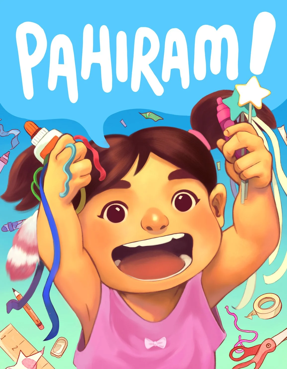 Little girl with pigtails holding different art materials and asking “PAHIRAM!” (“May I borrow?”).