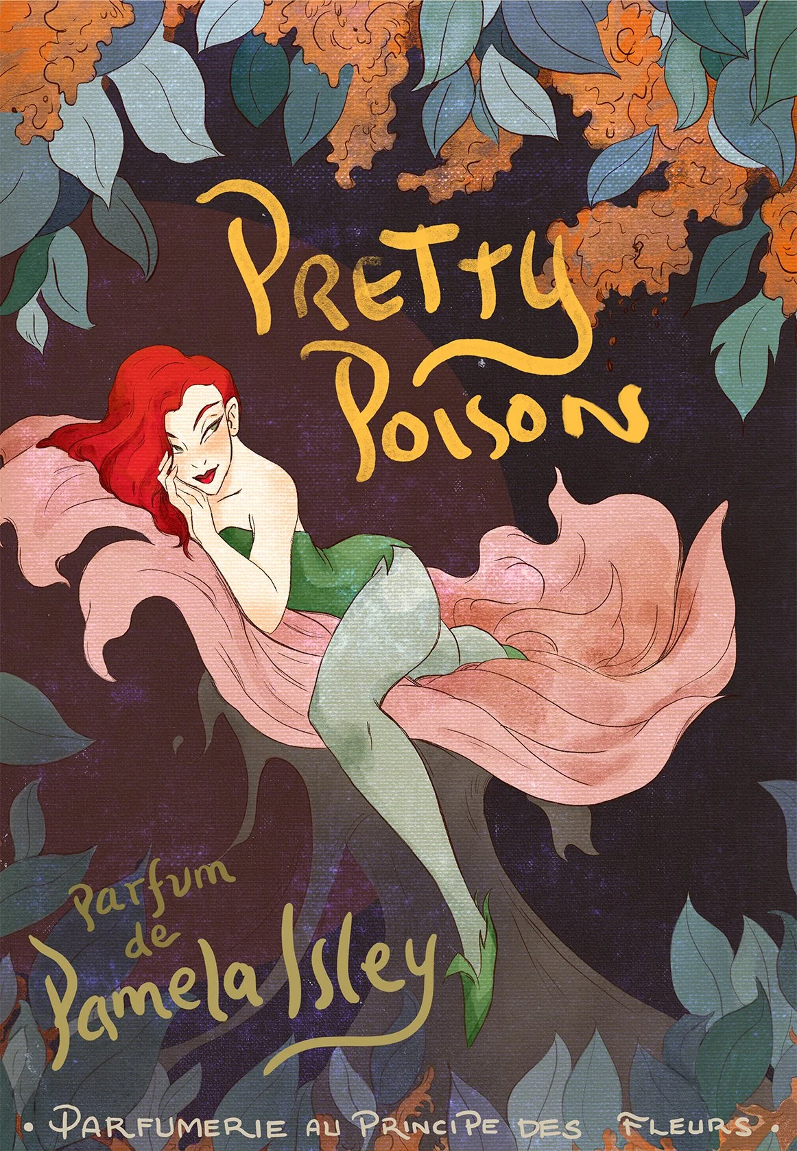 Poison Ivy, Pamela Isley, resting on a giant flower on a garden theater stage surrounded by lush foliage.