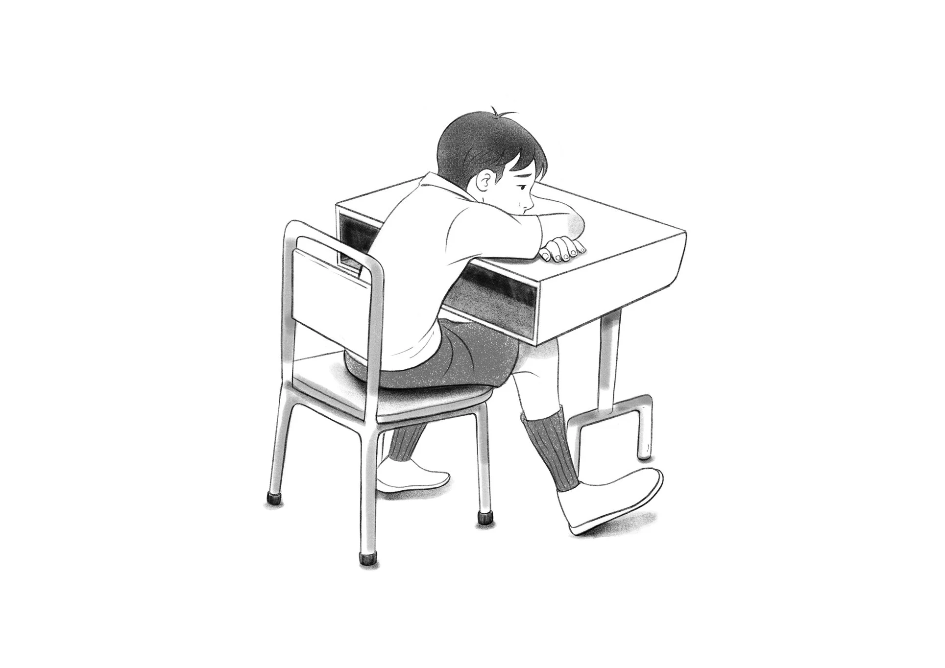 Black-and-white digital pencil drawing of a schoolboy resting his head on his desk, with detailed graphite-style shading.