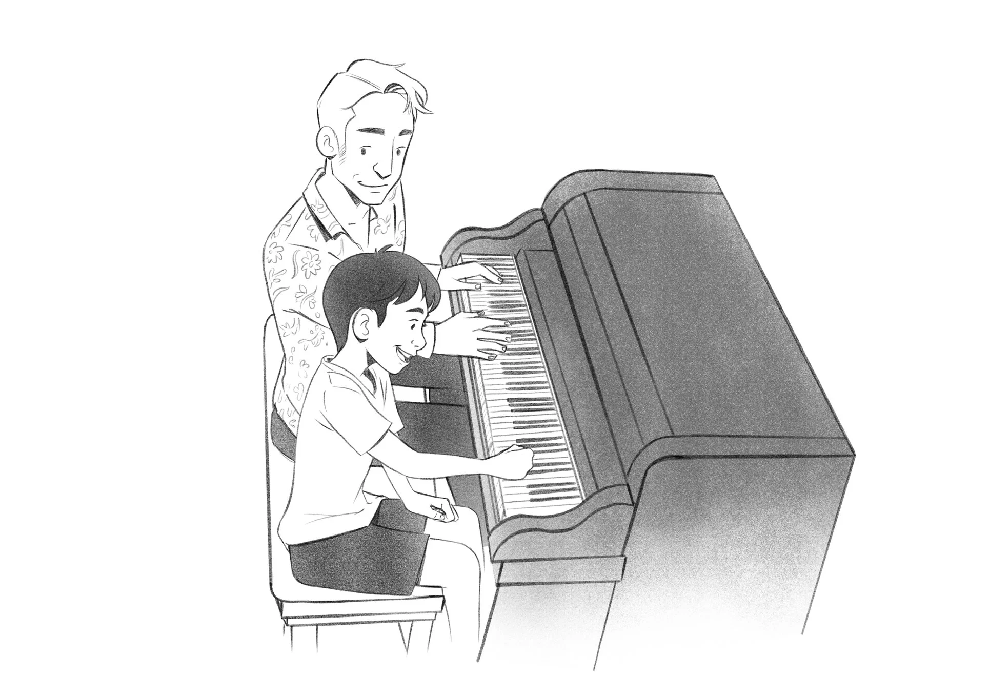 Boy enthusiastically learning to play piano from his teacher, who wears a batik shirt.