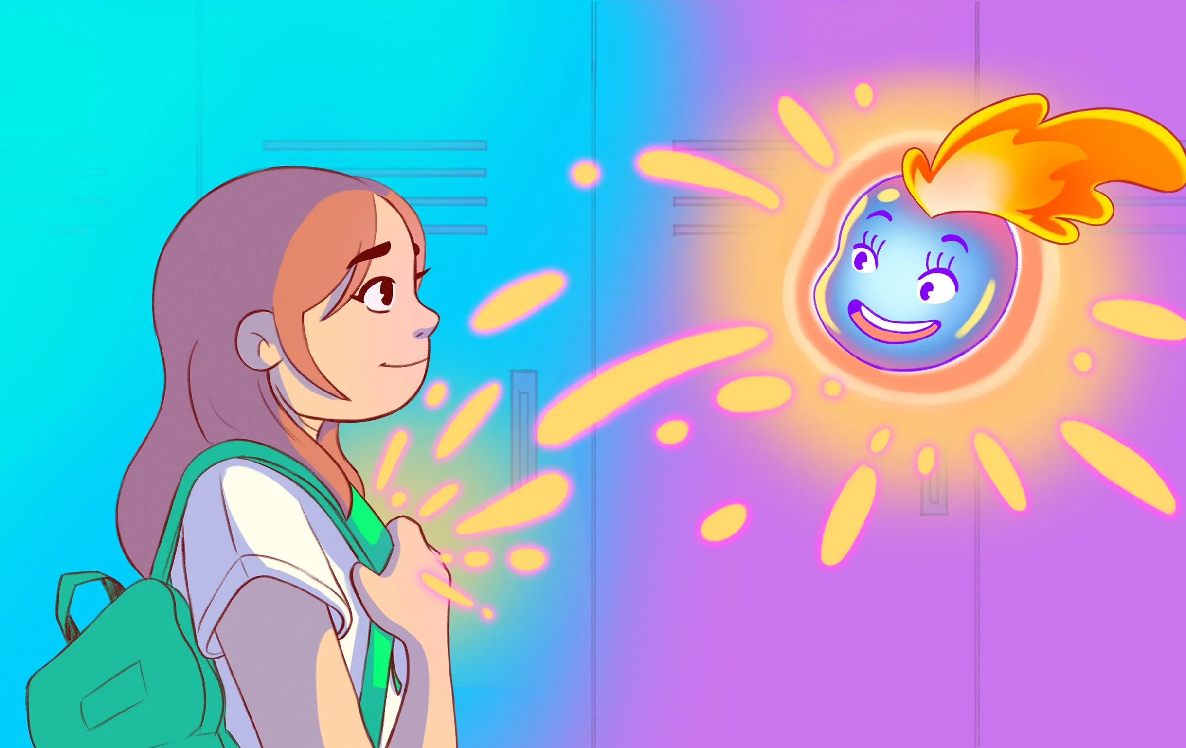 Young girl with a green backpack smiling timidly at a sparkling magical heart in a school hallway on her first day.