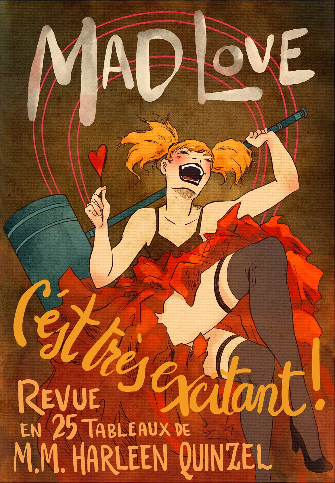 Harley Quinn, Harleen Quinzel, laughing hysterically in a ruffled red skirt and stockings while holding a giant mallet.