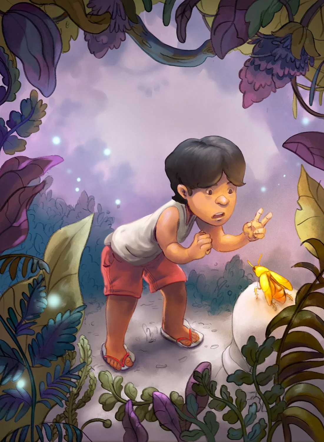 Boy speaking to a golden cockroach in a magical forest, illustrated with soft pencil lines and painterly digital foliage and background.