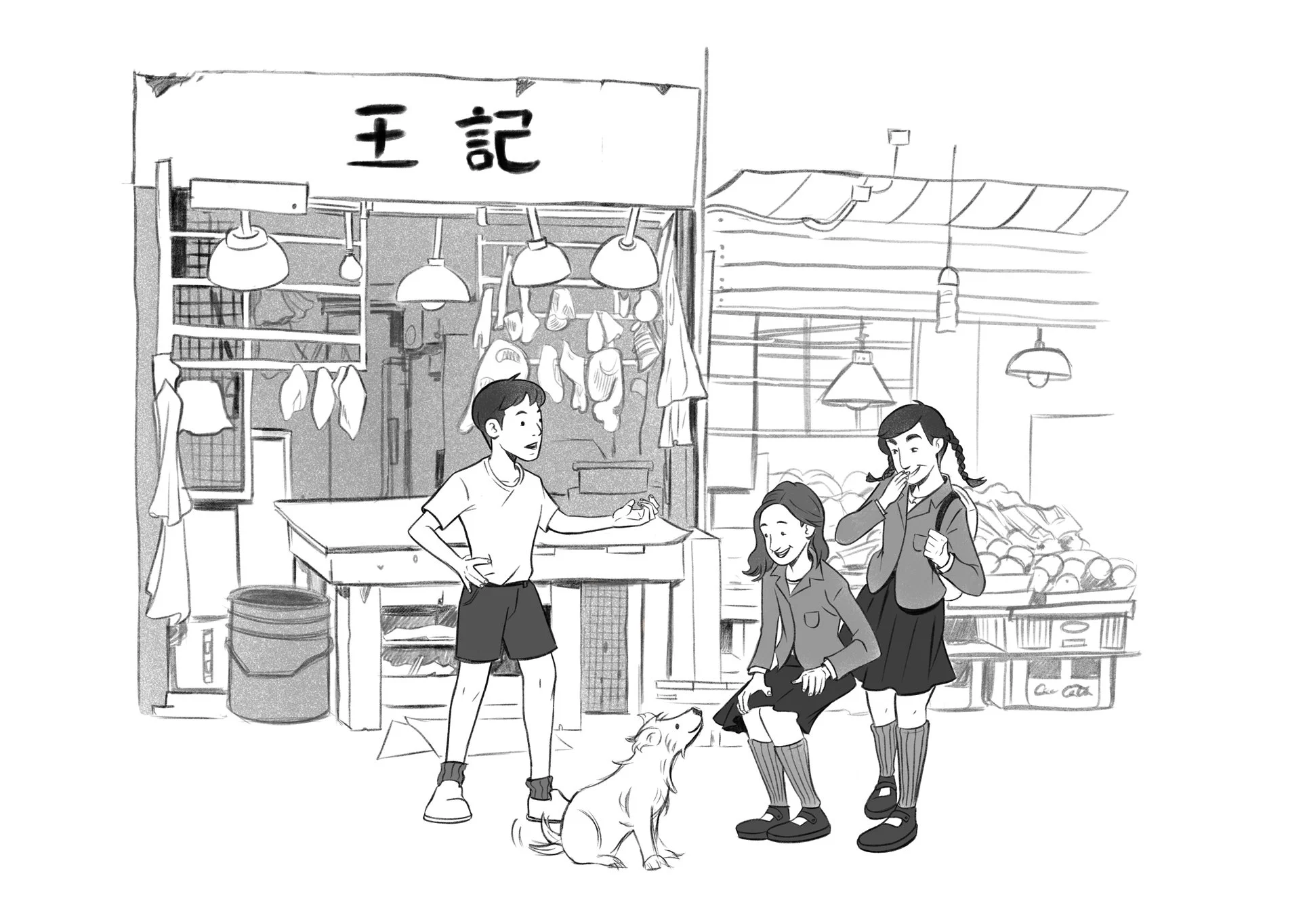 Boy outside a Hong Kong meat market showing his scruffy dog to two schoolgirls, who stop to pet the friendly pup.