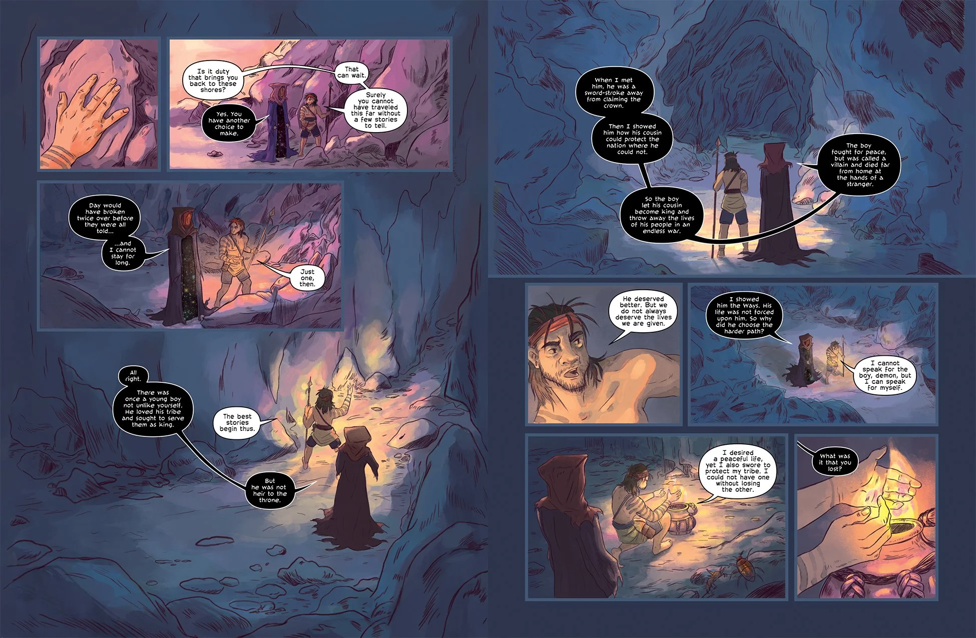 Doorkeeper and a warrior enter a mountain cave, with the warrior holding a flame to light their way through the darkness.