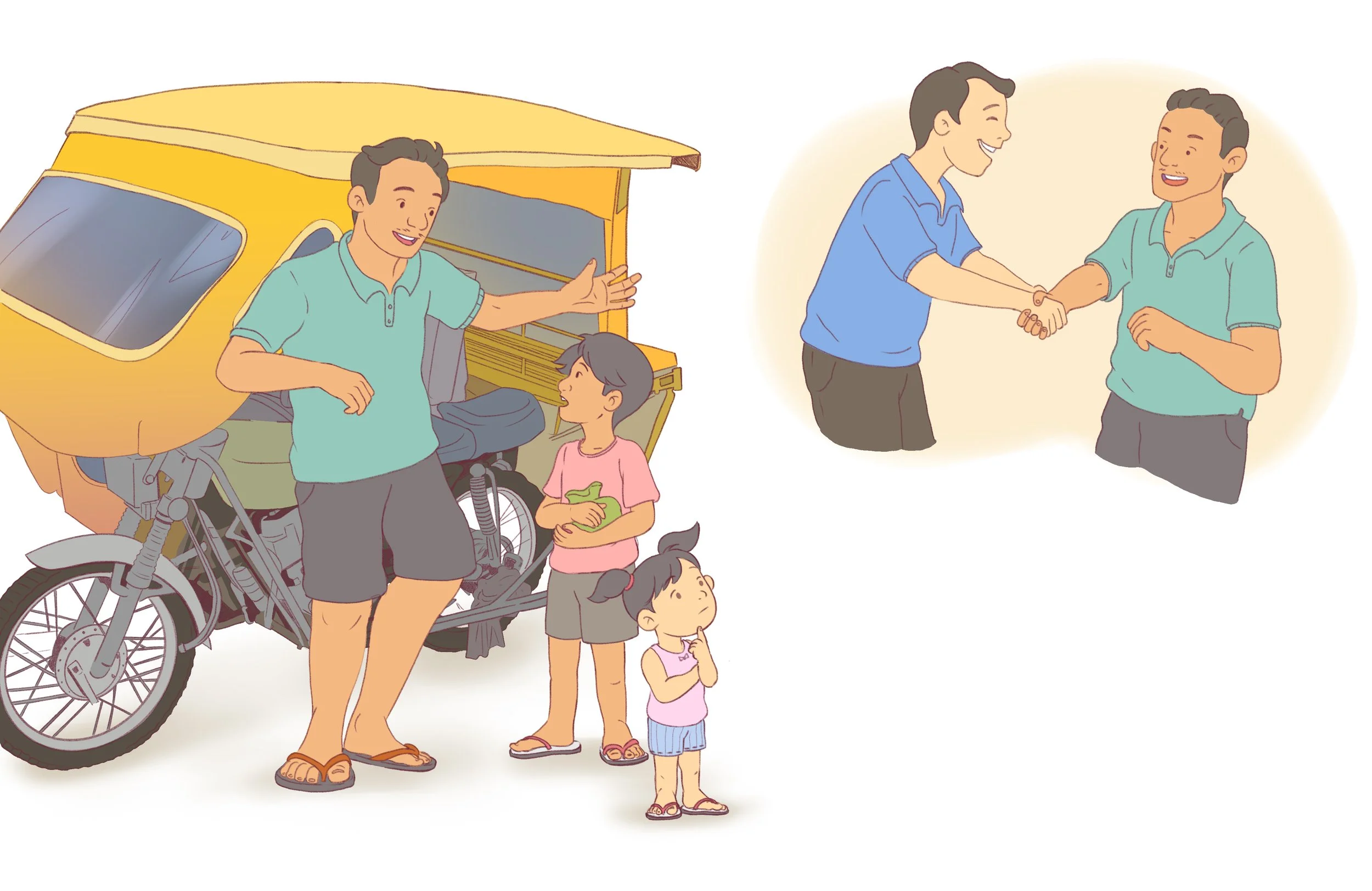 Sister and brother talking with a tricycle driver, who explains how a loan helped him buy more tricycles for his business.