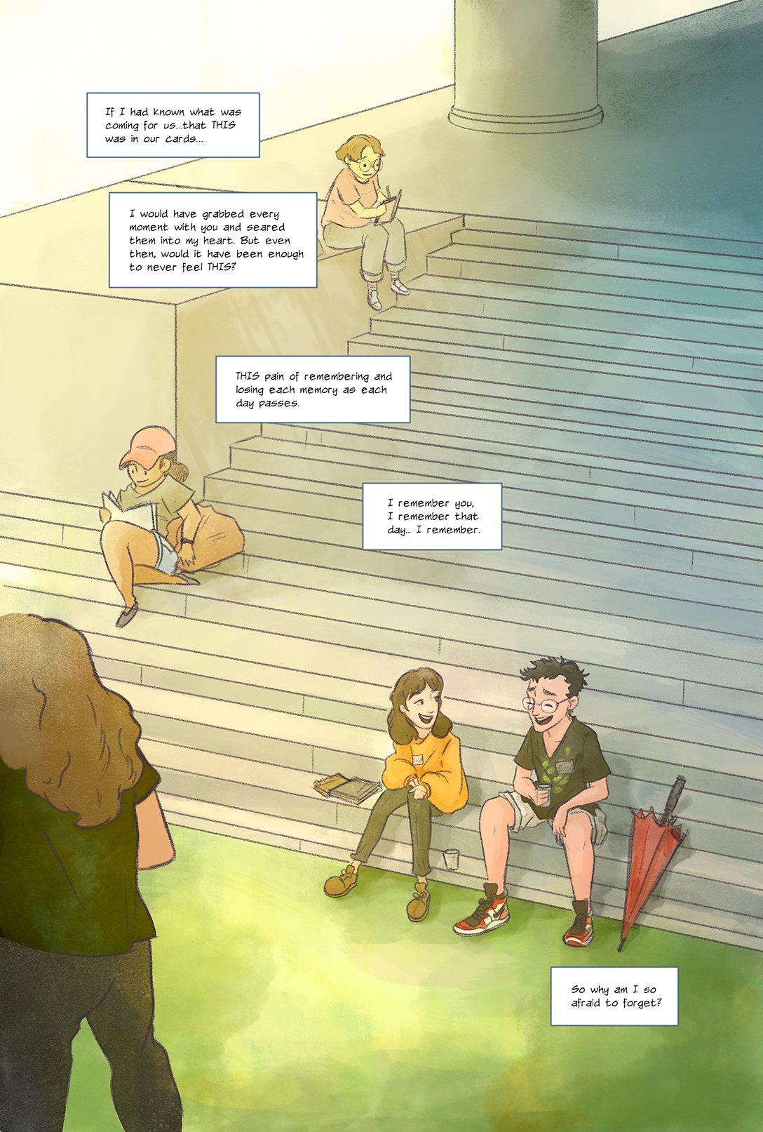 Young couple sitting together on steps, getting to know each other at the start of a romance.