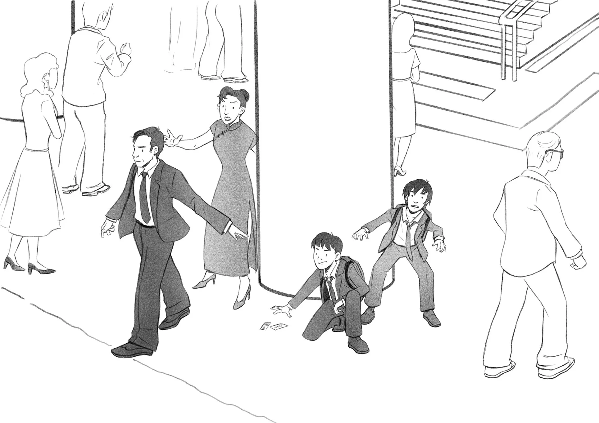 Angry man walking away from a date and discarding theater tickets as two schoolboys sneak out to retrieve them.