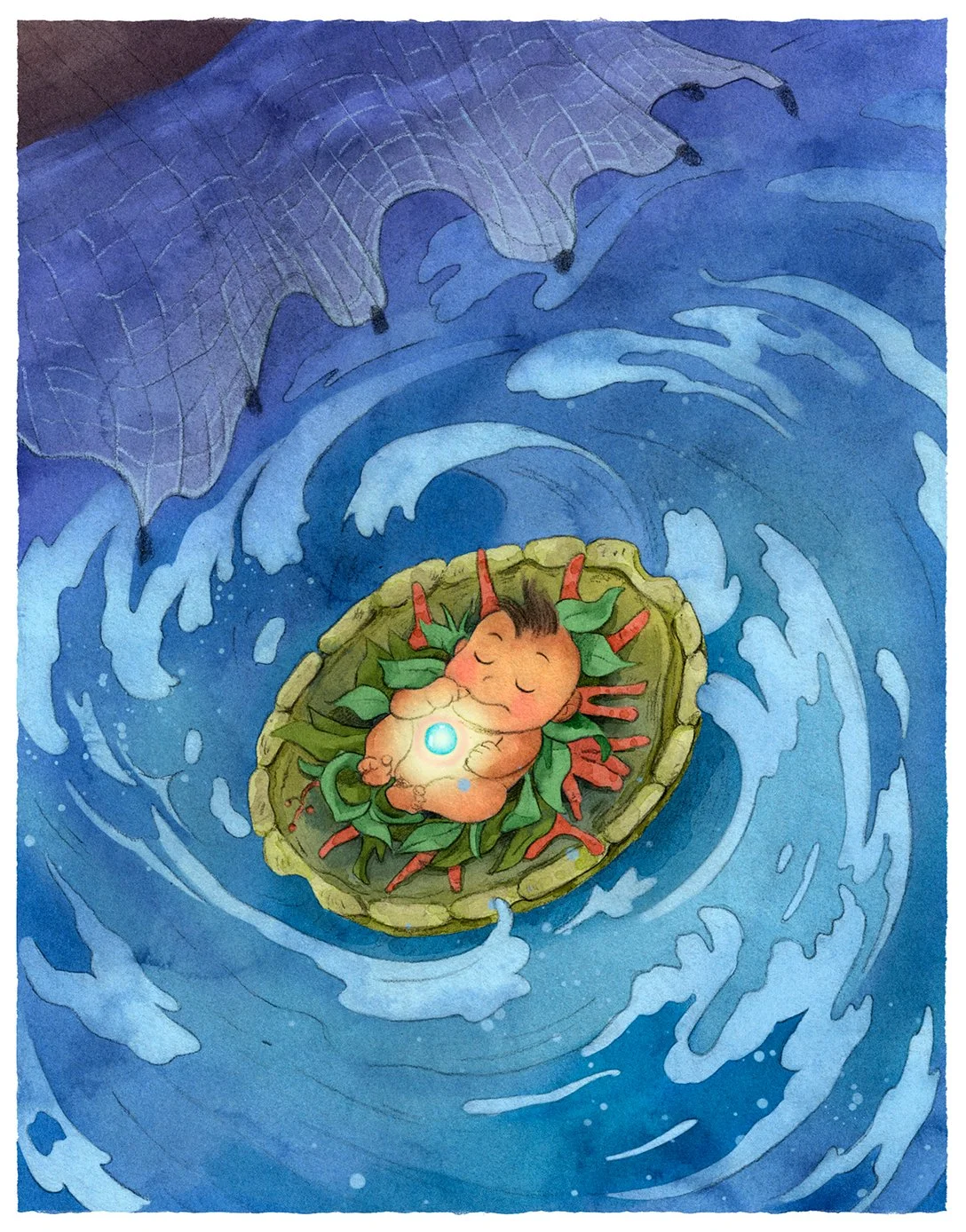 The Beginning depicts a mysterious baby found adrift at sea, cradled on a sea turtle shell among coral and seaweed. A glowing pearl necklace hints at her magical origins, while a fisherman’s net reaches toward her from the distance. This graphite and