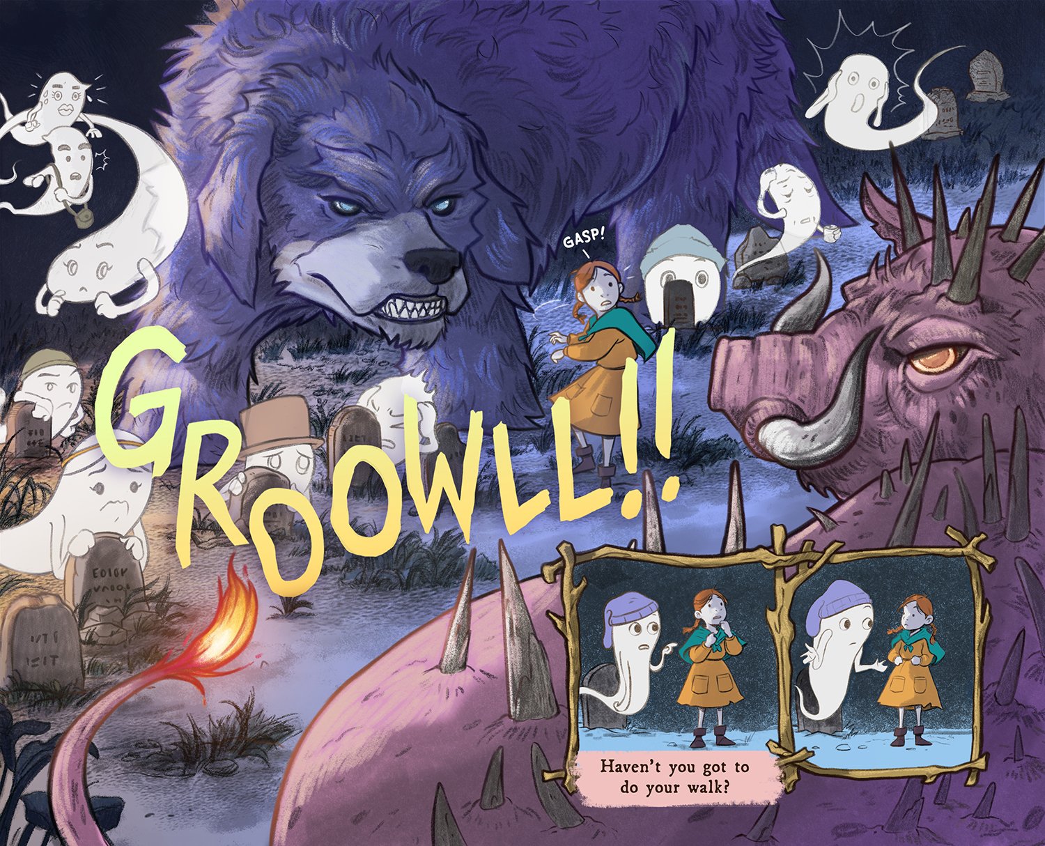 Large black dog facing a hellish boar with a little girl and frightened ghosts caught between them, combining pencil hatching with painterly, textured artwork.